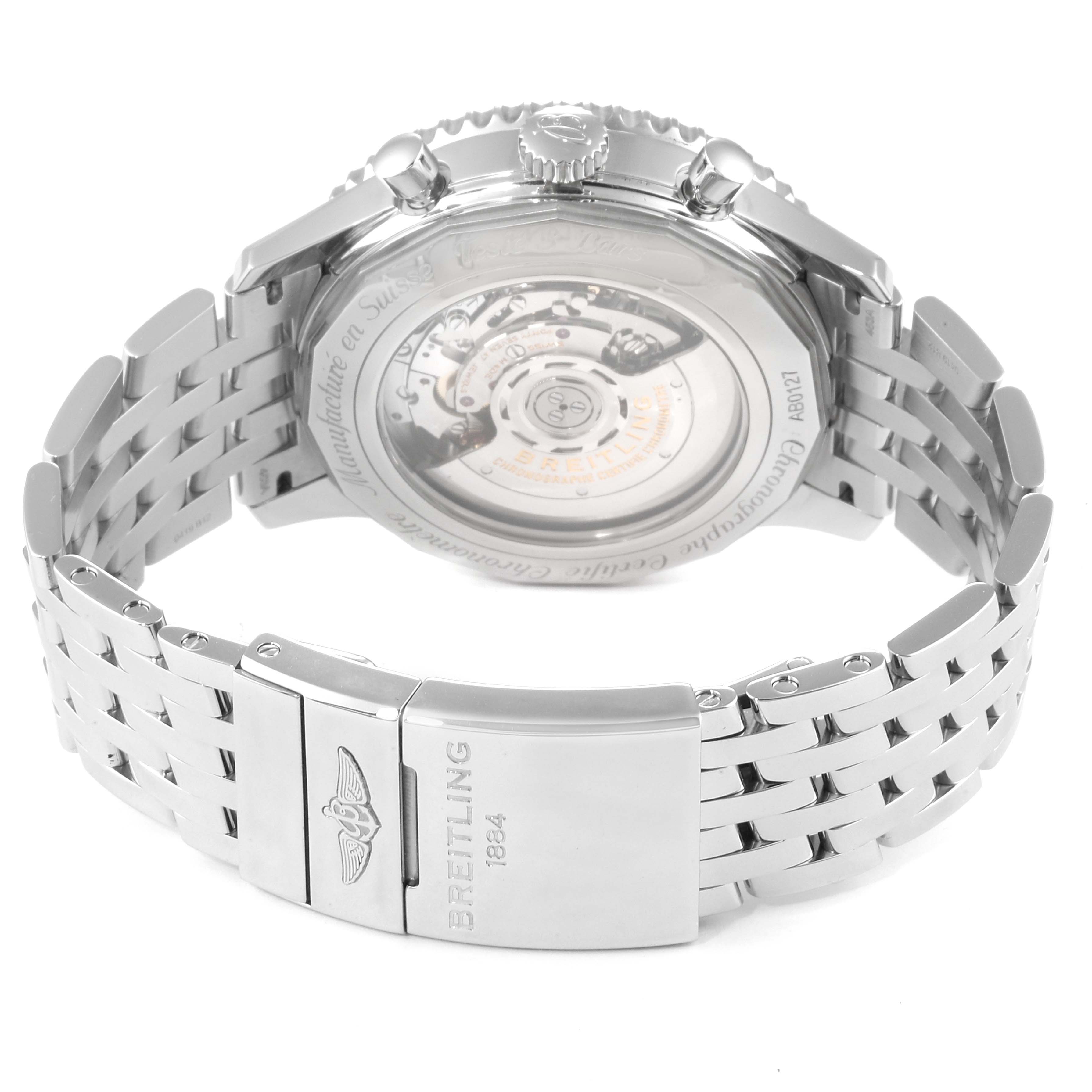 The image shows the back view of a Breitling Navitimer AB0127211C1A1 Men
s Stainless Steel Blue Dial AB0127211C1A1 Men
s Stainless Steel Blue Dial watch, displaying its transparent case back and stainless steel bracelet with clasp.