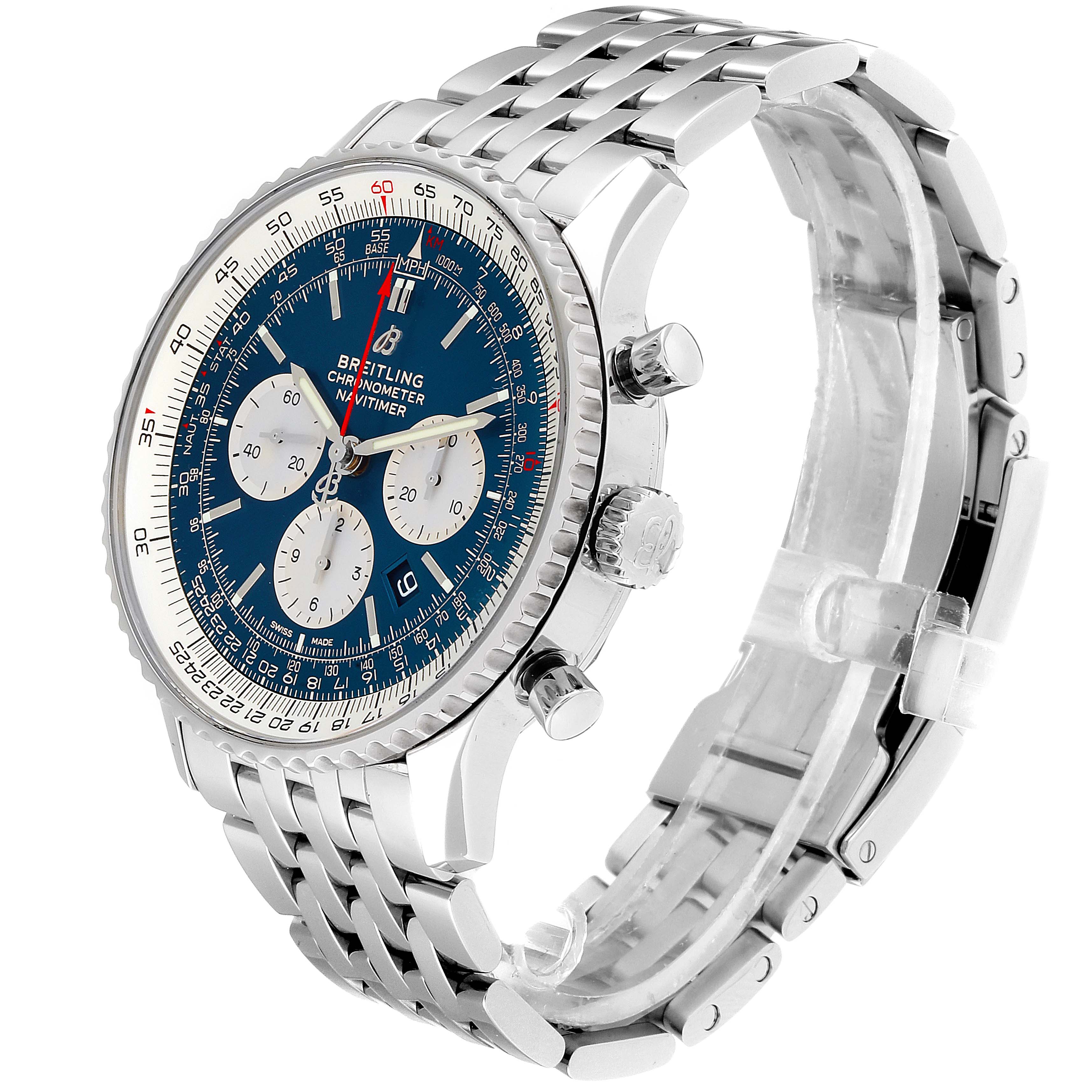 The image shows a side view of a Breitling Navitimer AB0127211C1A1 Men
s Stainless Steel Blue Dial AB0127211C1A1 Men
s Stainless Steel Blue Dial watch, highlighting the dial, bezel, crown, pushers, and metal bracelet.