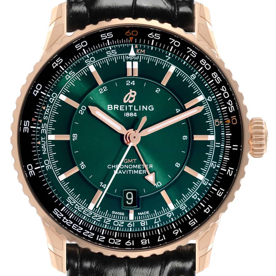 This Breitling Navitimer watch is shown from a front angle, highlighting its green dial, rose gold case, and black leather strap.