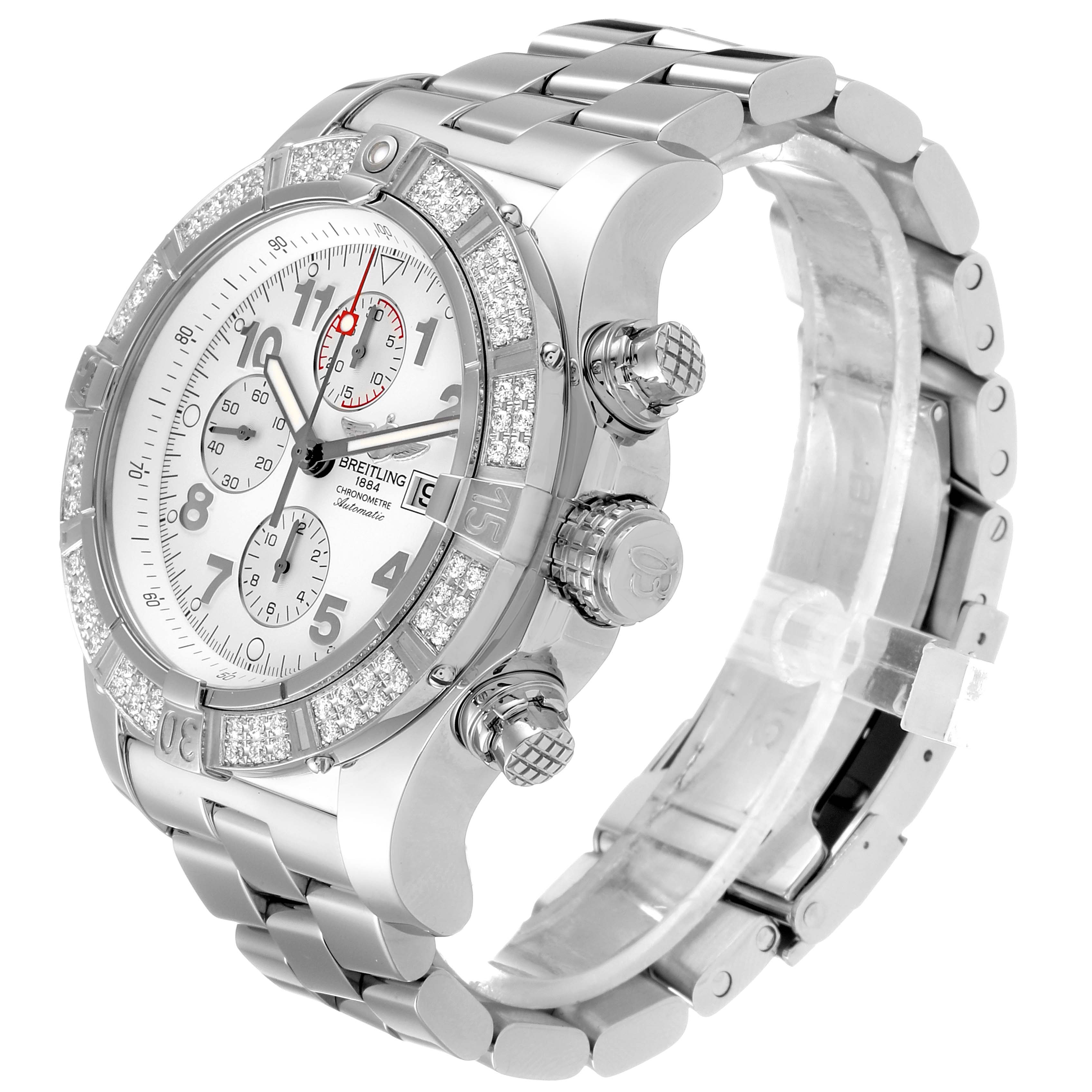 This image shows a side and partial front view of the Breitling Avenger A13370 Men's Stainless Steel White Dial A13370 Men's Stainless Steel White Dial watch, highlighting its bezel, crown, and bracelet.