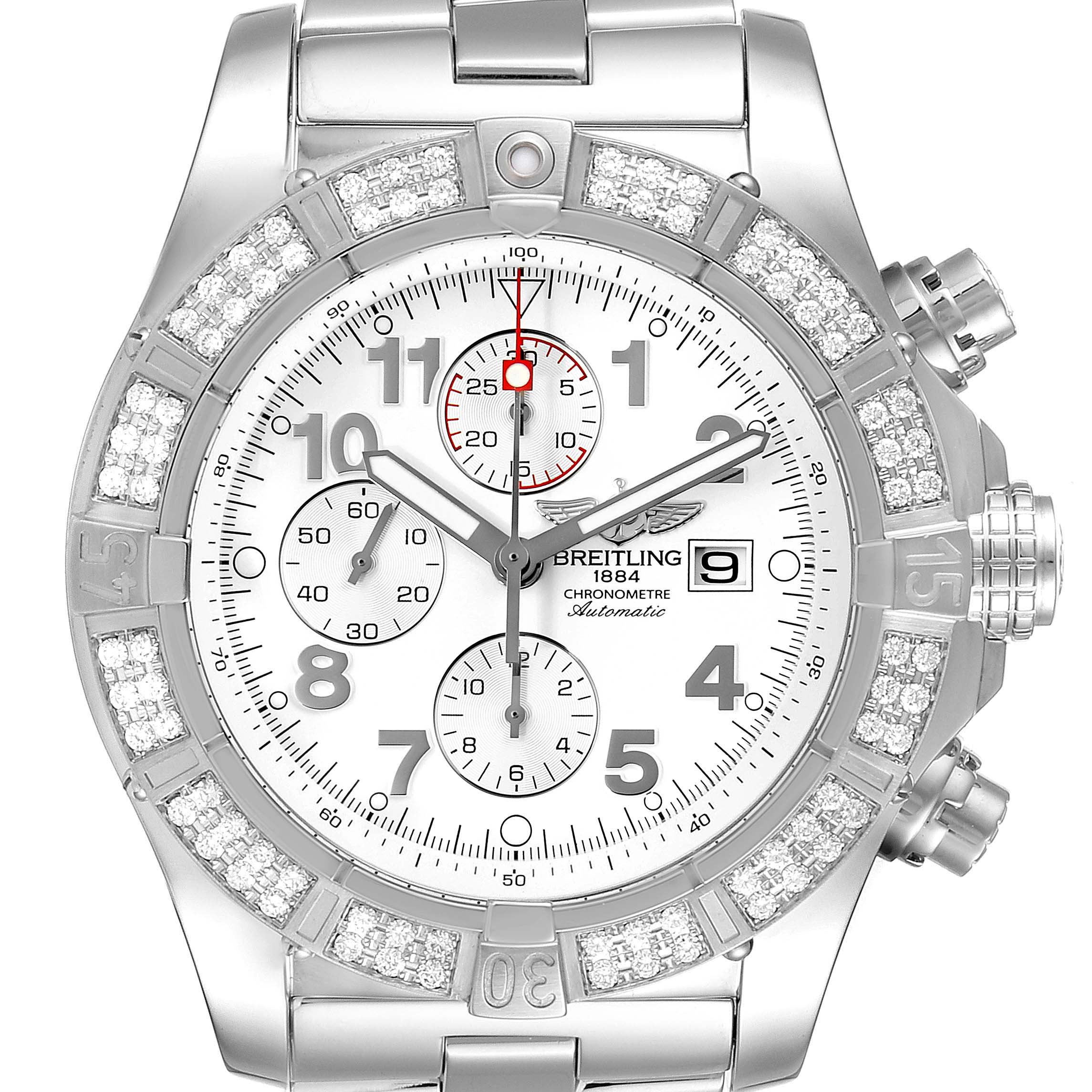 The image shows the front view of a Breitling Avenger A13370 Men's Stainless Steel White Dial A13370 Men's Stainless Steel White Dial watch displaying its dial, bezel, and chronograph subdials.