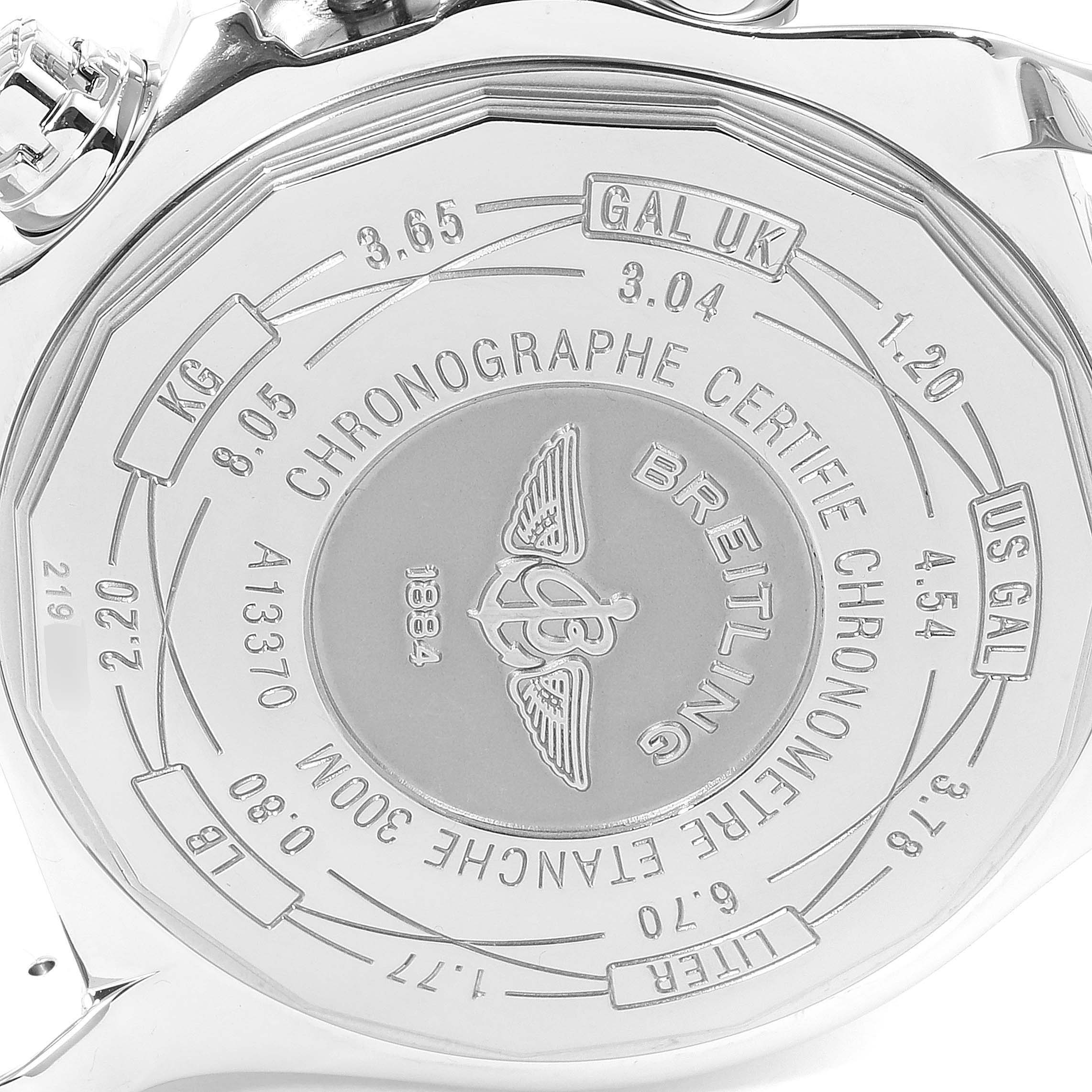 The image shows the back case of a Breitling Avenger A13370 Men's Stainless Steel White Dial A13370 Men's Stainless Steel White Dial watch, highlighting its engravings and certification details.