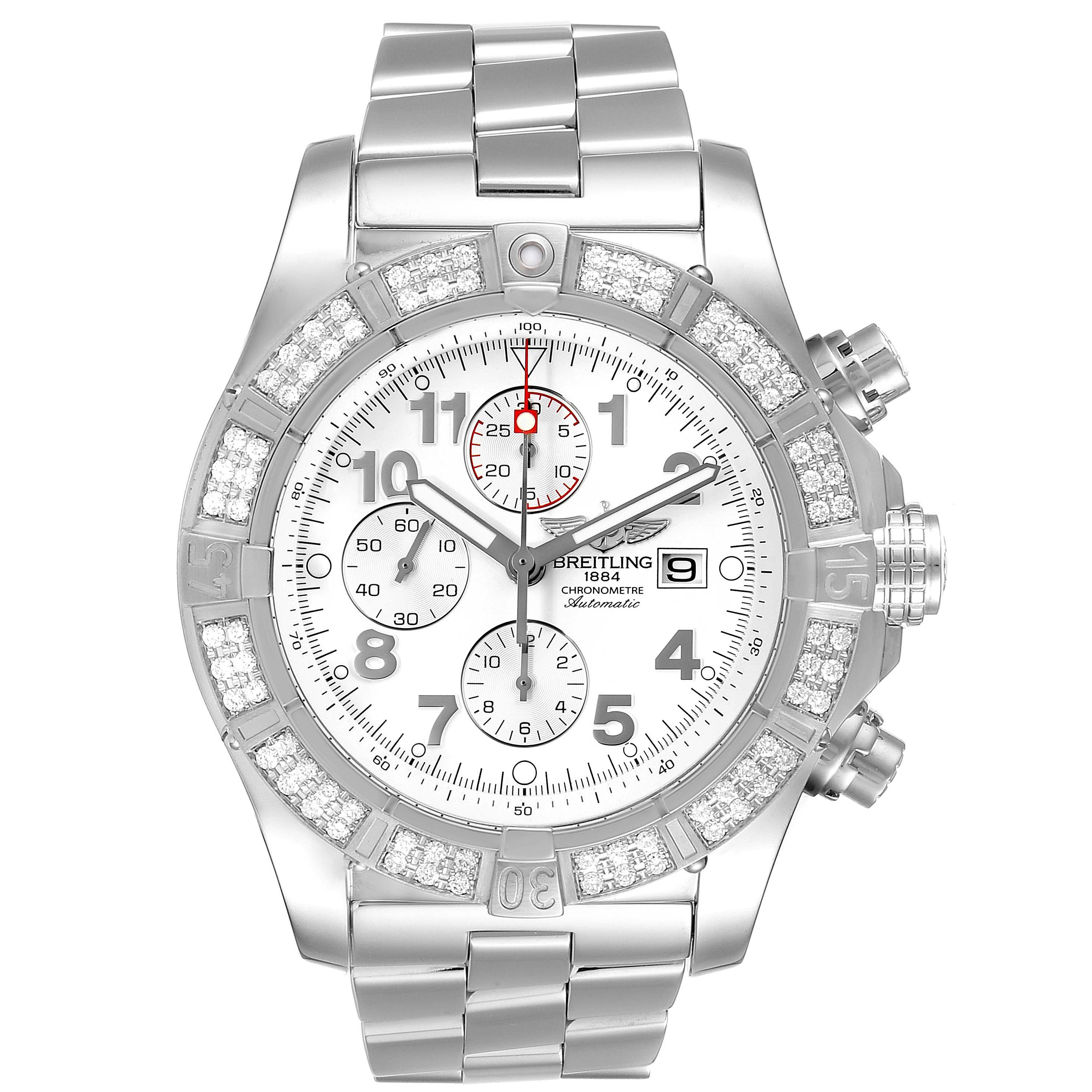 This image shows a front view of a Breitling Avenger A13370 Men's Stainless Steel White Dial A13370 Men's Stainless Steel White Dial watch, highlighting the dial, bezel, chronograph, and bracelet.