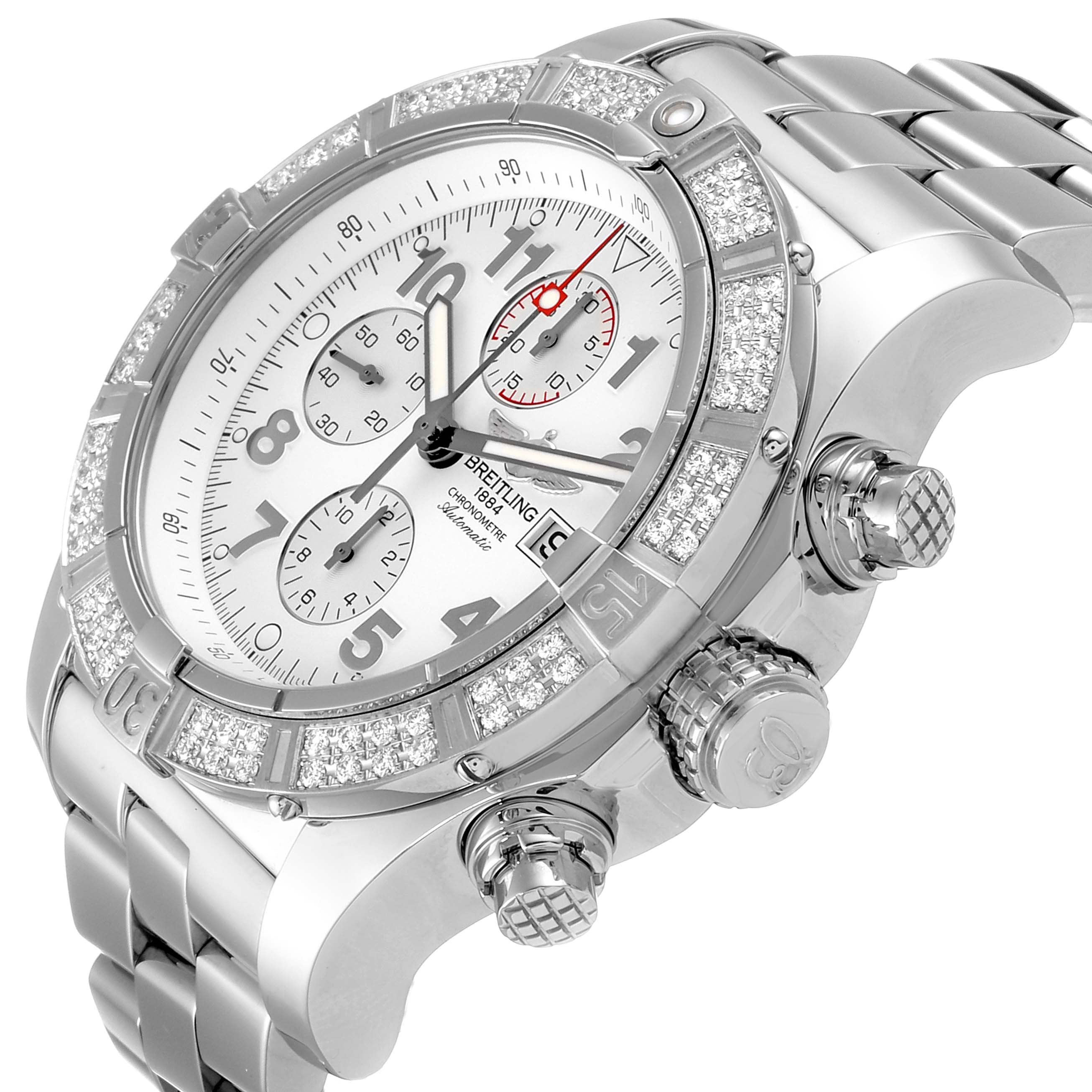 The image shows a Breitling Avenger A13370 Men's Stainless Steel White Dial A13370 Men's Stainless Steel White Dial watch from a three-quarter angle, highlighting its face, bezel, and side crown.