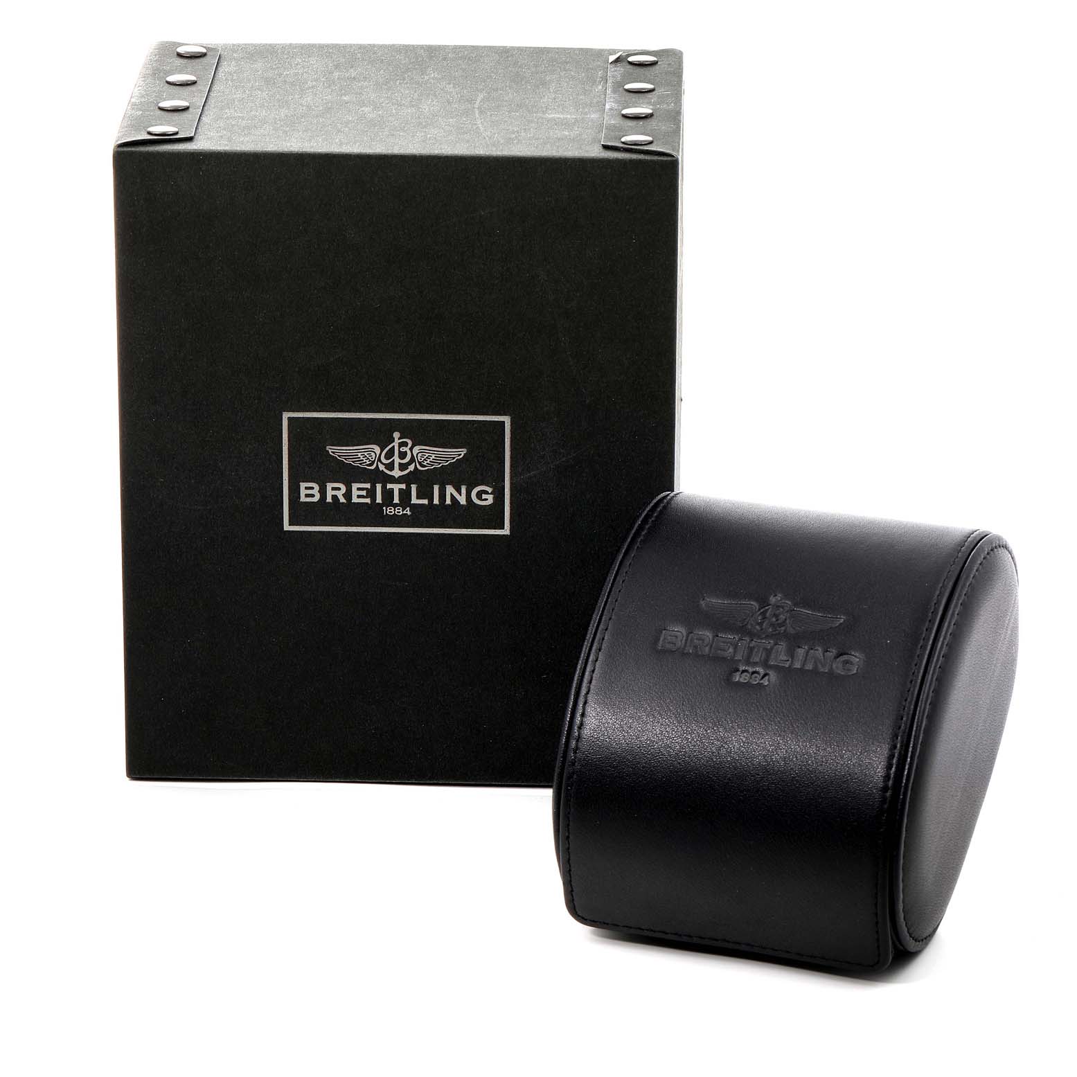 The image shows the packaging box and a leather watch case for a Breitling Avenger A13370 Men's Stainless Steel White Dial A13370 Men's Stainless Steel White Dial model.