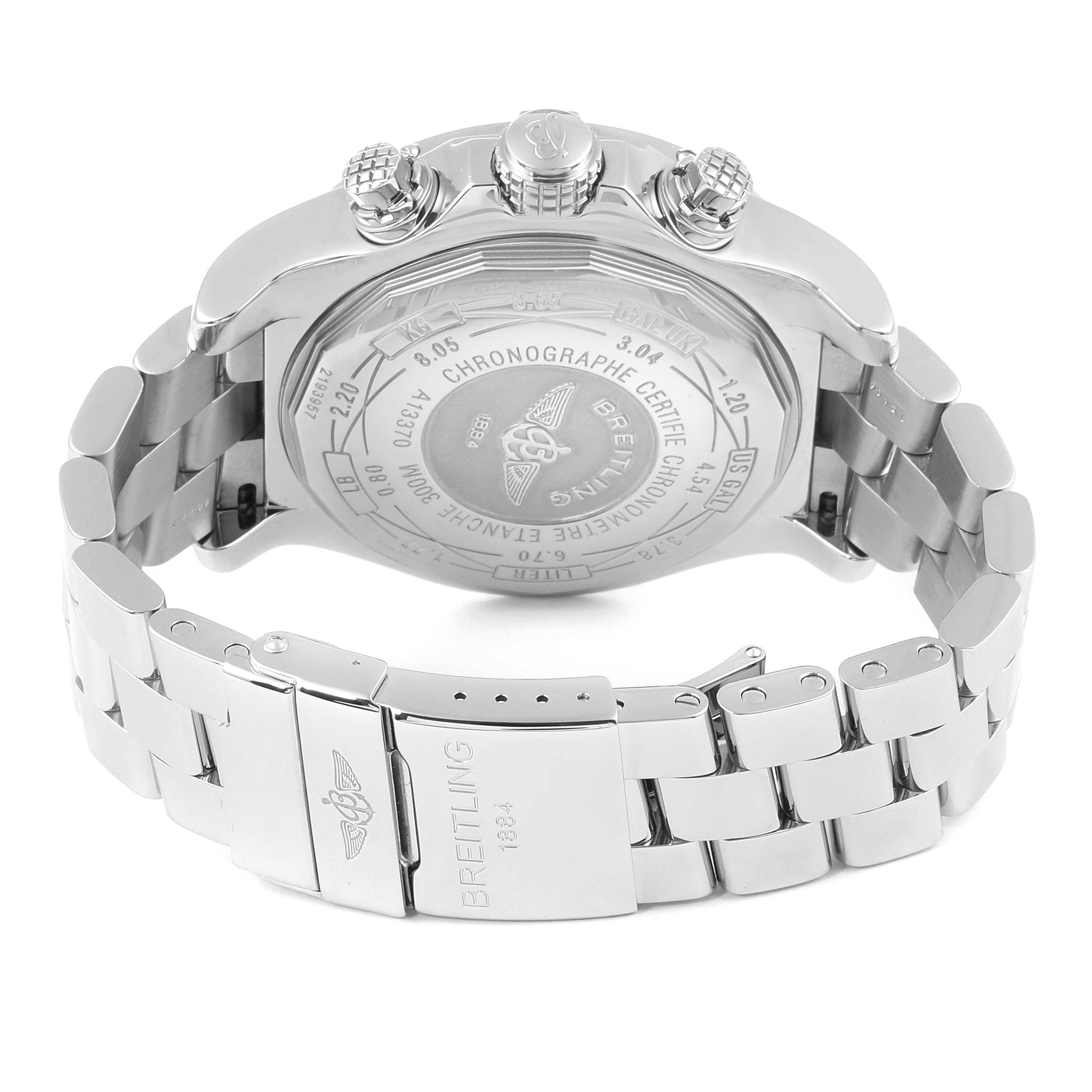 The image shows the back, crown, and clasp of a Breitling Avenger A13370 Men's Stainless Steel White Dial A13370 Men's Stainless Steel White Dial watch in a partially open position.
