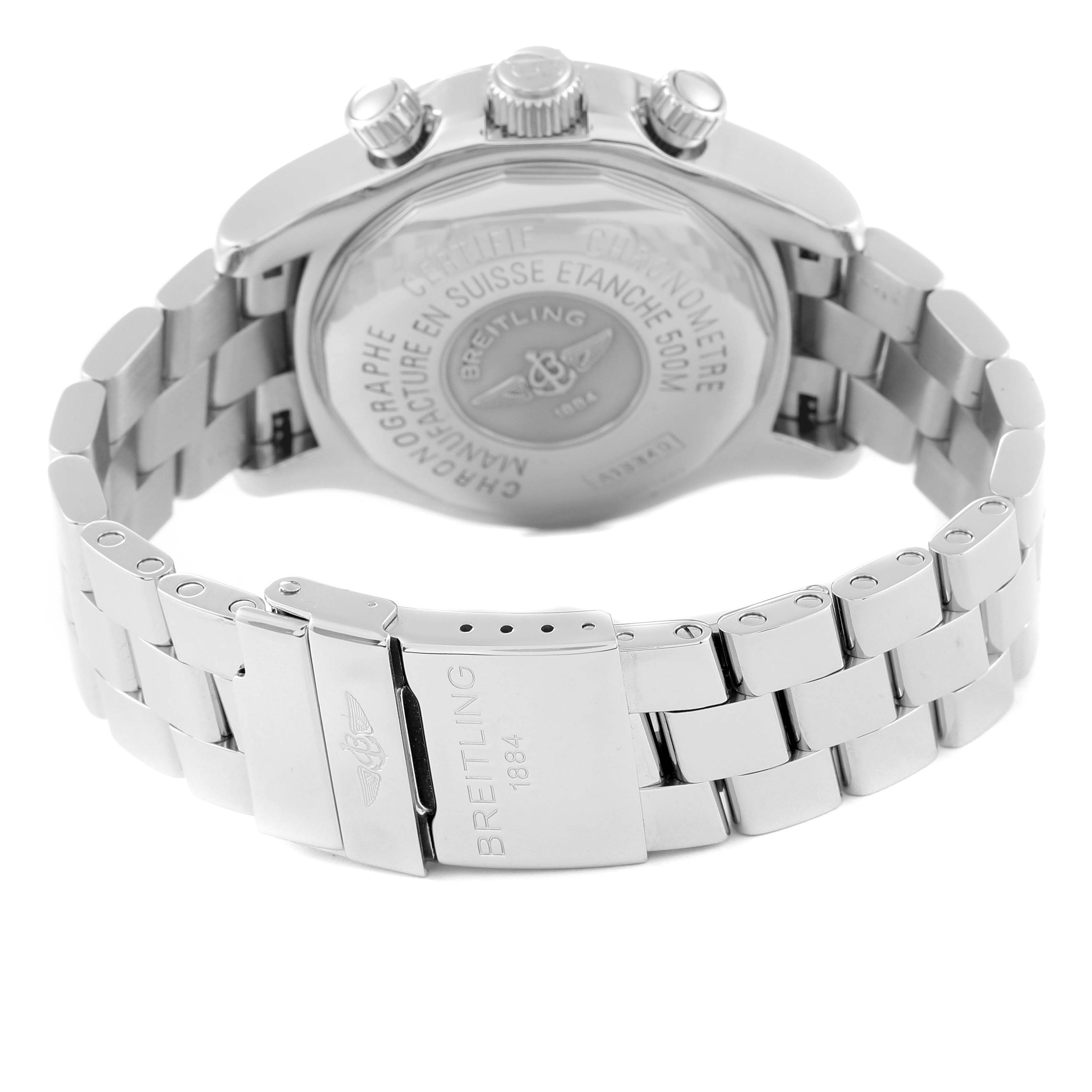 The image shows the back view of a Breitling Superocean A13340 Men's Stainless Steel Black Dial A13340 Men's Stainless Steel Black Dial watch, highlighting its clasp and bracelet.