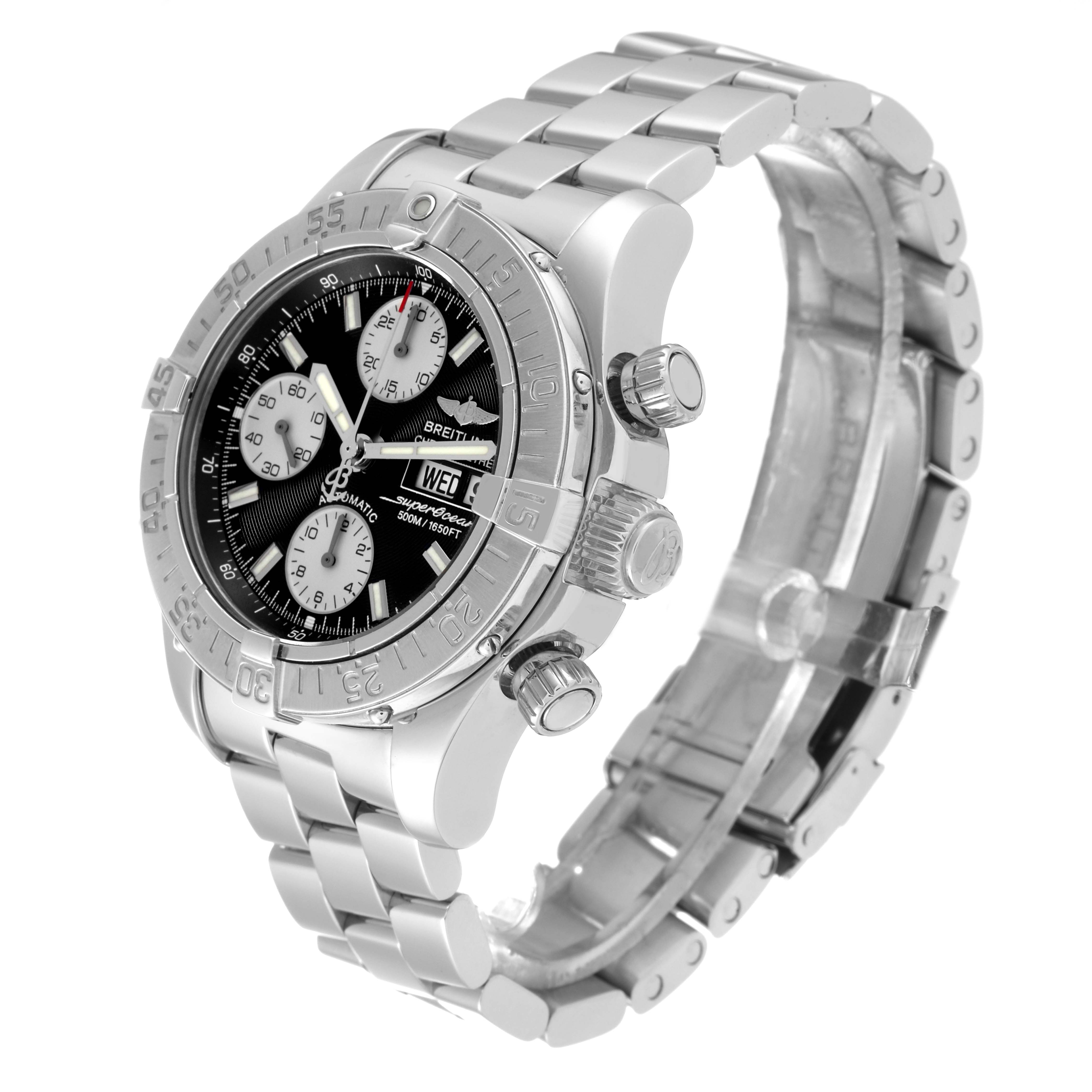 The Breitling Superocean A13340 Men's Stainless Steel Black Dial A13340 Men's Stainless Steel Black Dial watch is shown from a three-quarters angle, highlighting its dial, bezel, side pushers, and metal bracelet.