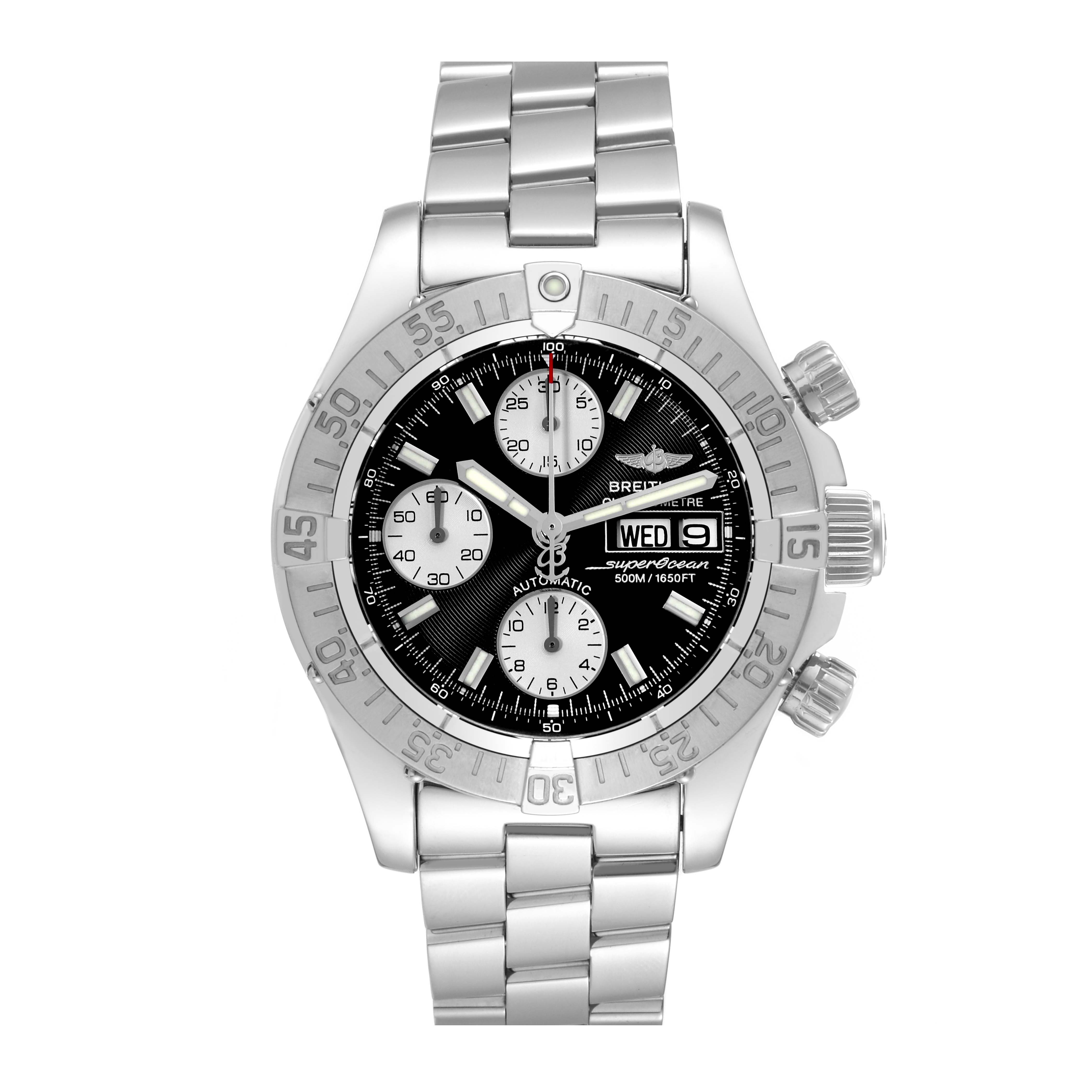 The image shows a front view of the Breitling Superocean A13340 Men's Stainless Steel Black Dial A13340 Men's Stainless Steel Black Dial watch, displaying its stainless steel band, black dial, chronograph sub-dials, and day-date window.
