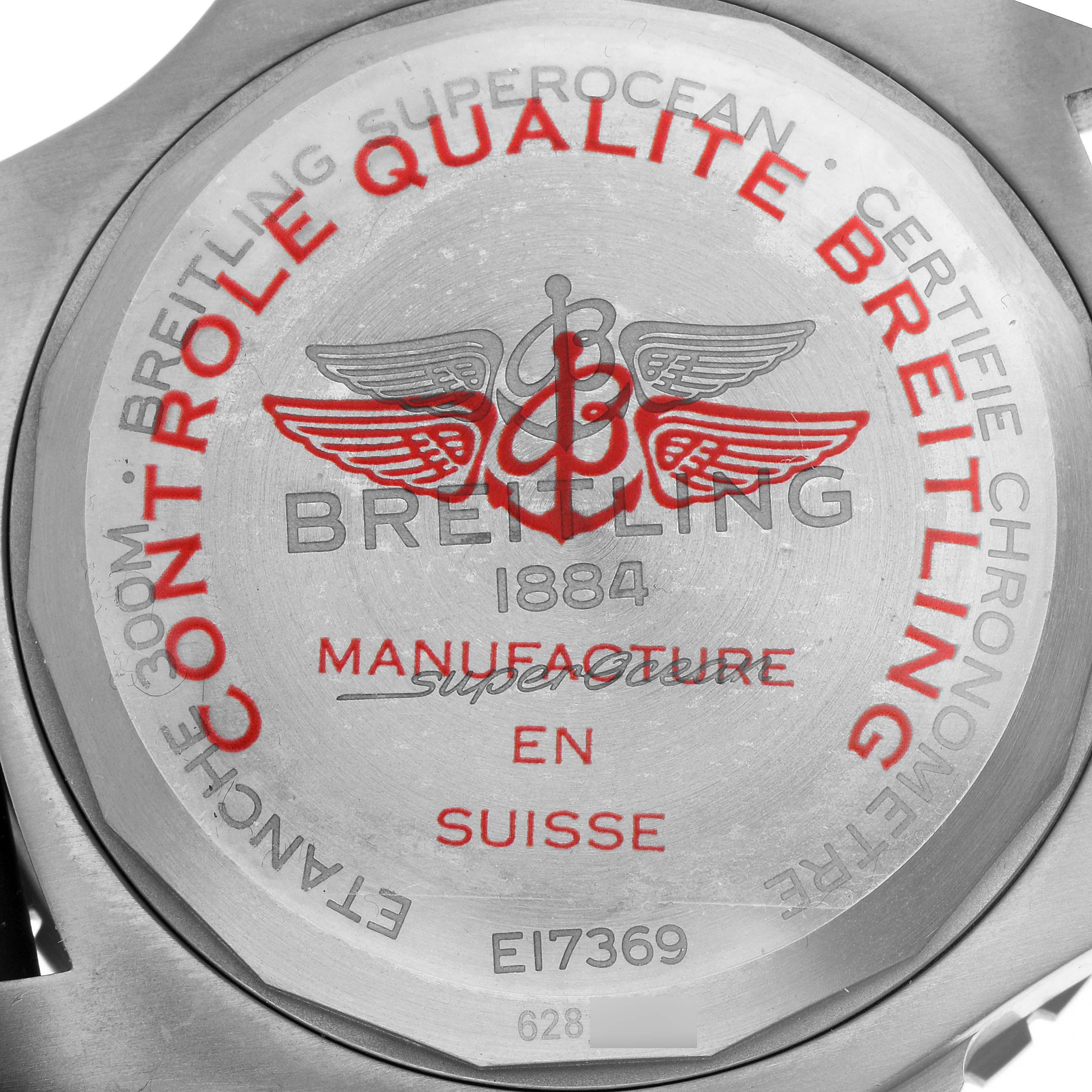 The image shows the case back of a Breitling Superocean E17369 Men's Titanium Yellow Dial E17369 Men's Titanium Yellow Dial watch detailing quality control and manufacturing inscriptions.