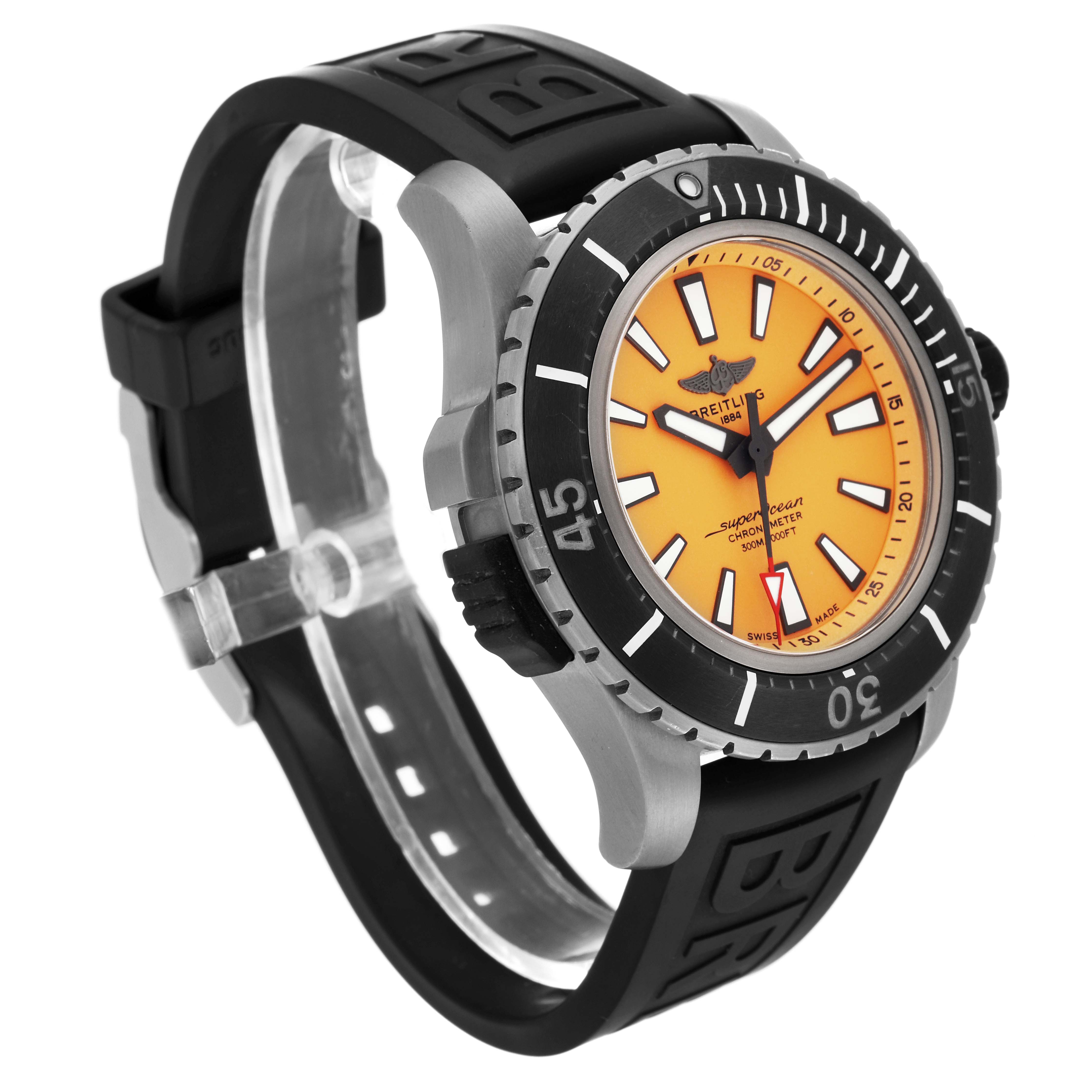 The Breitling Superocean E17369 Men's Titanium Yellow Dial E17369 Men's Titanium Yellow Dial watch is shown at an oblique angle, displaying its orange dial, bezel, and black rubber strap.