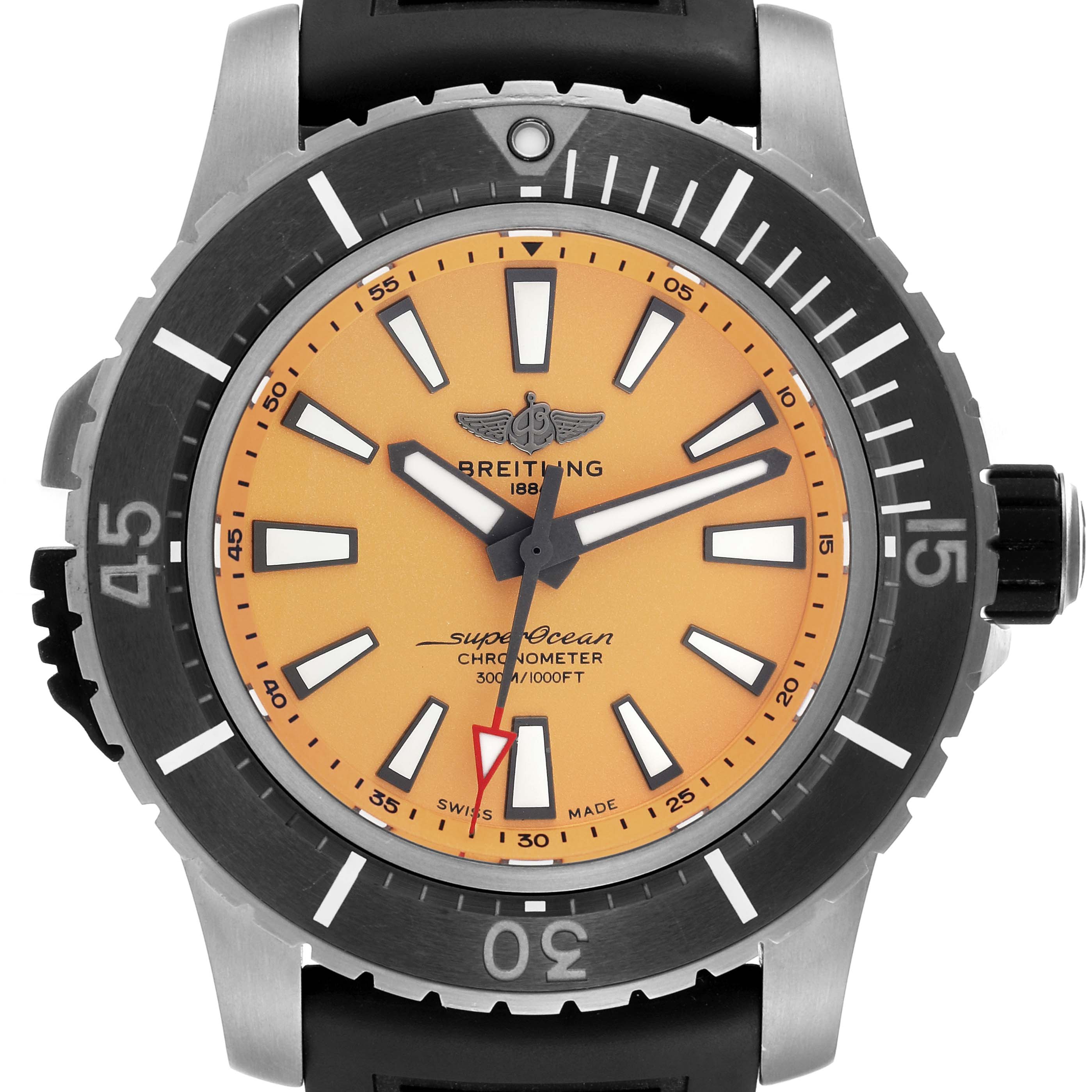 This image shows a front view of the Breitling Superocean E17369 Men's Titanium Yellow Dial E17369 Men's Titanium Yellow Dial watch, highlighting its orange dial, bezel, and strap.