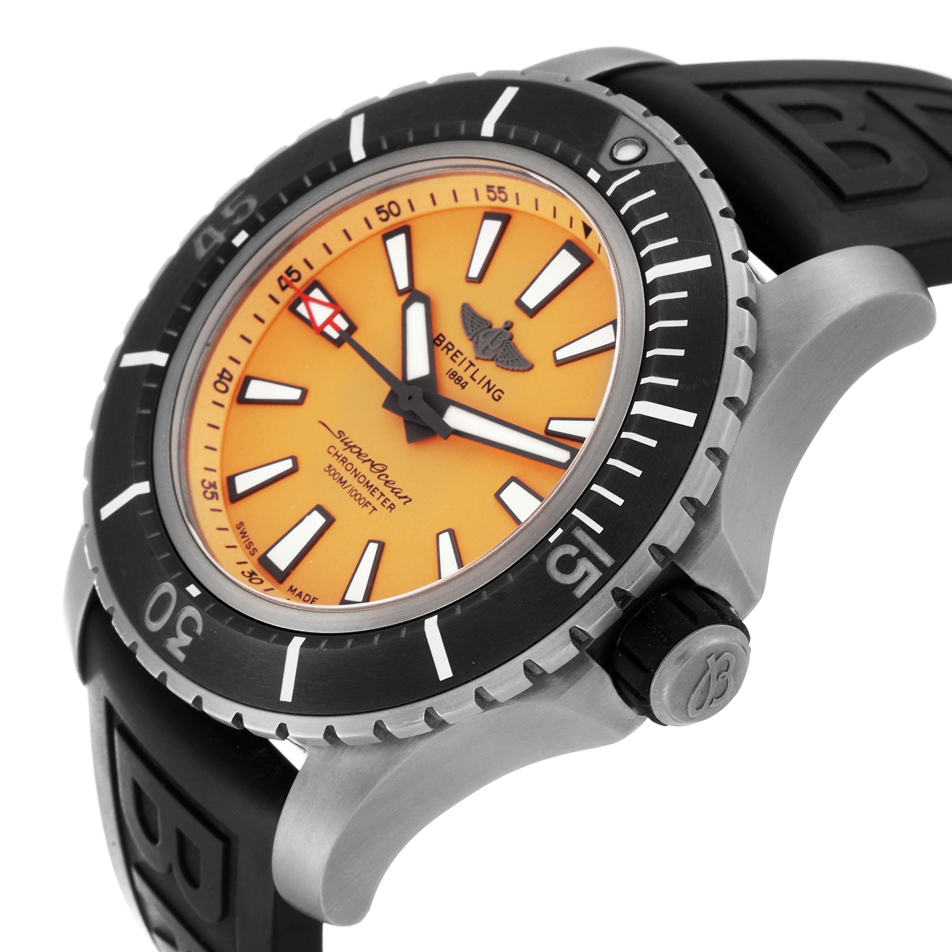 This image of the Breitling Superocean E17369 Men's Titanium Yellow Dial E17369 Men's Titanium Yellow Dial watch is taken from an angled side view, showcasing the dial, bezel, and crown.
