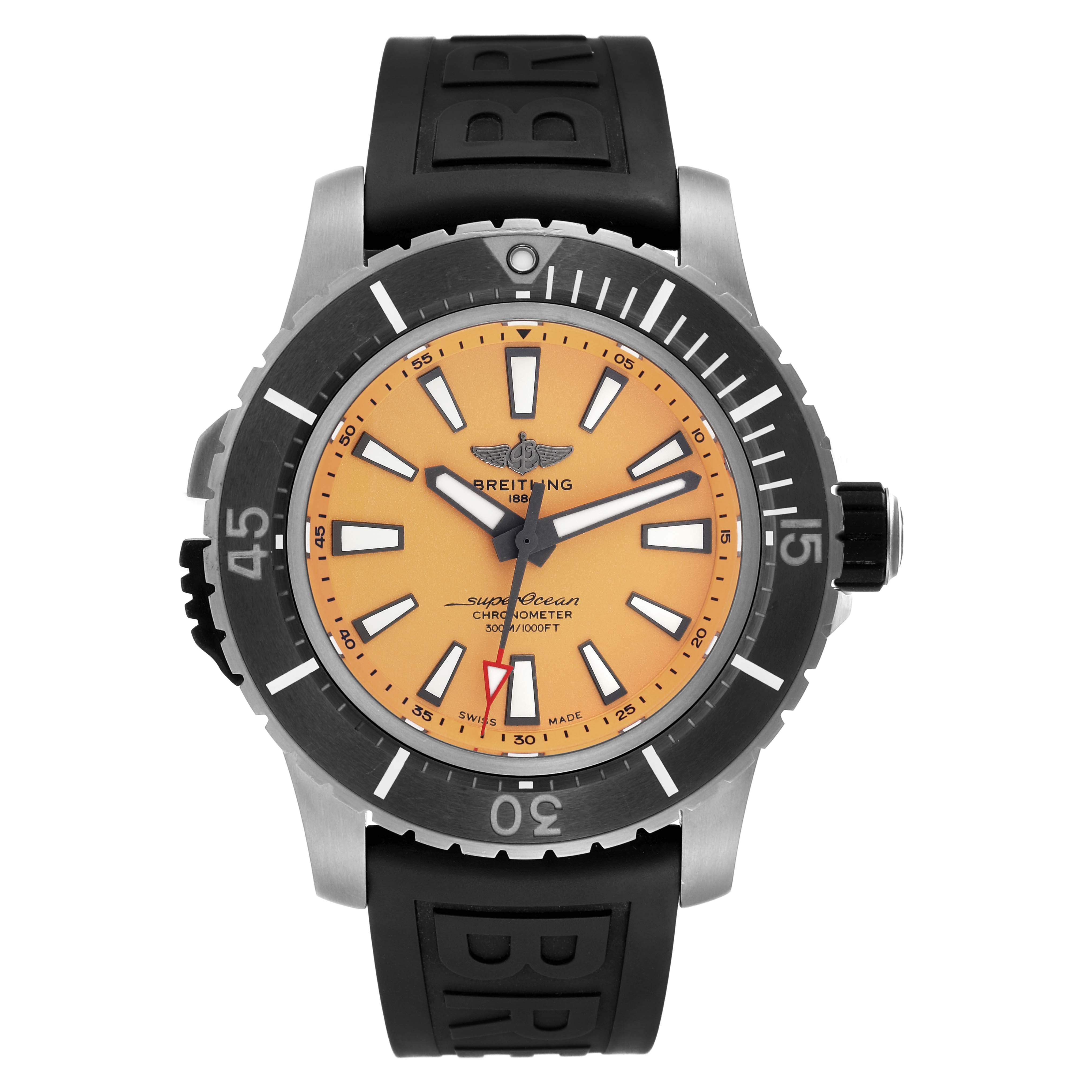 The image shows a front view of a Breitling Superocean E17369 Men's Titanium Yellow Dial E17369 Men's Titanium Yellow Dial watch, highlighting the dial, bezel, and strap.