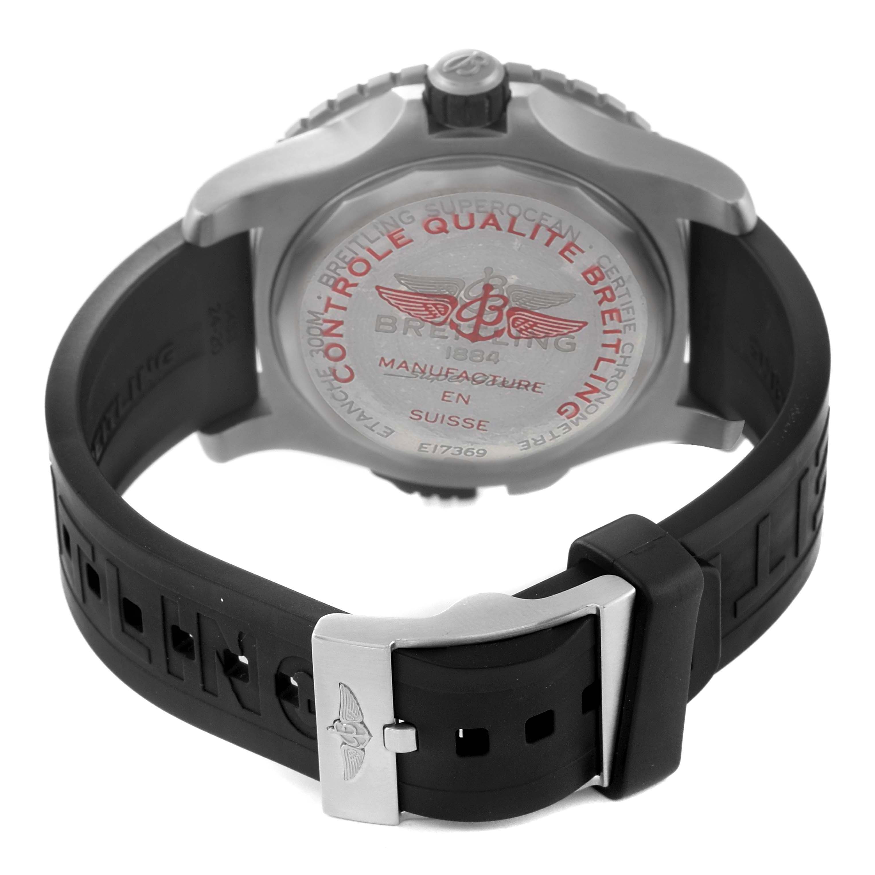 The image shows the back and strap of a Breitling Superocean E17369 Men's Titanium Yellow Dial E17369 Men's Titanium Yellow Dial watch, displaying the case back and the buckle.