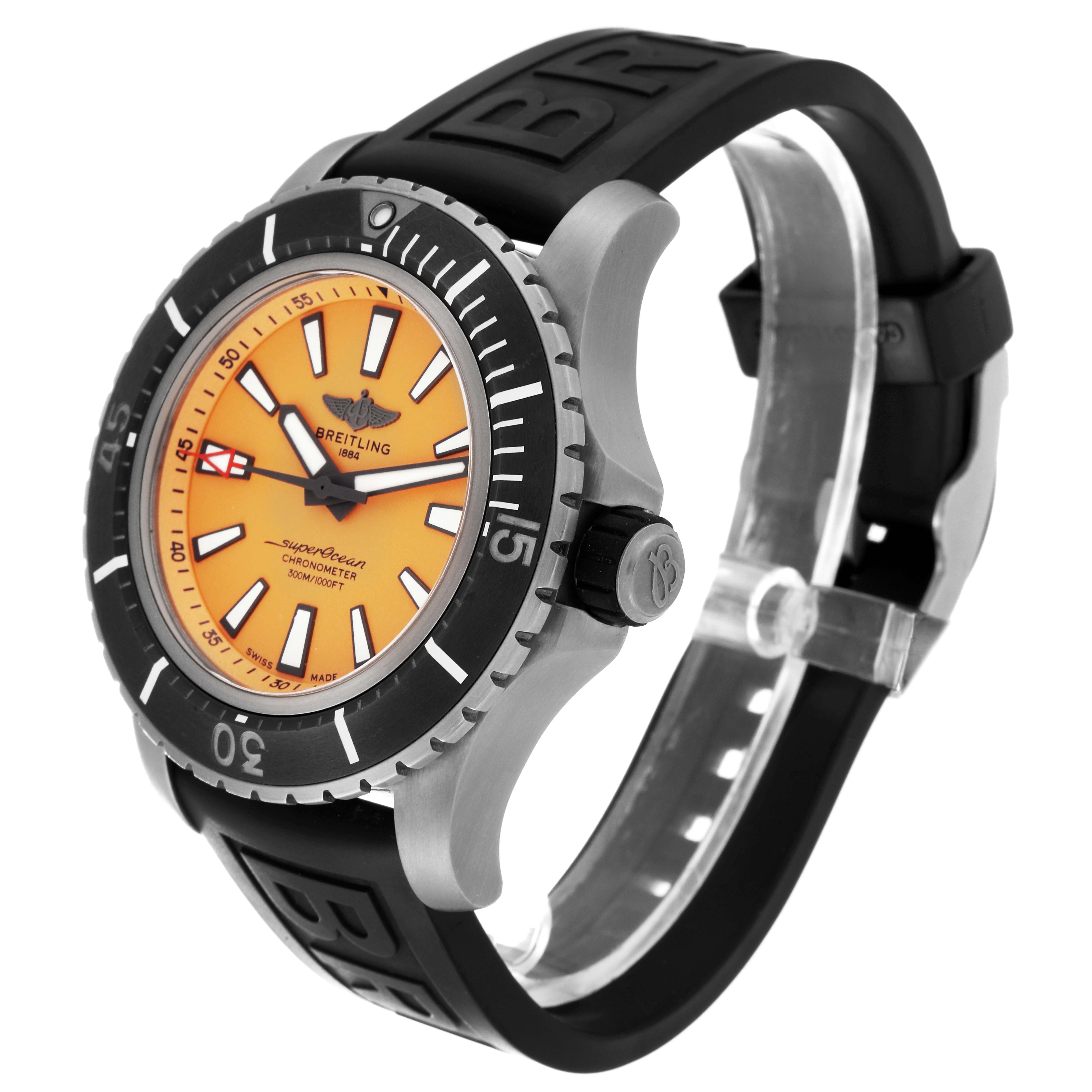 The Breitling Superocean E17369 Men's Titanium Yellow Dial E17369 Men's Titanium Yellow Dial watch is shown at a three-quarter angle, highlighting its orange dial, black bezel, and black strap.