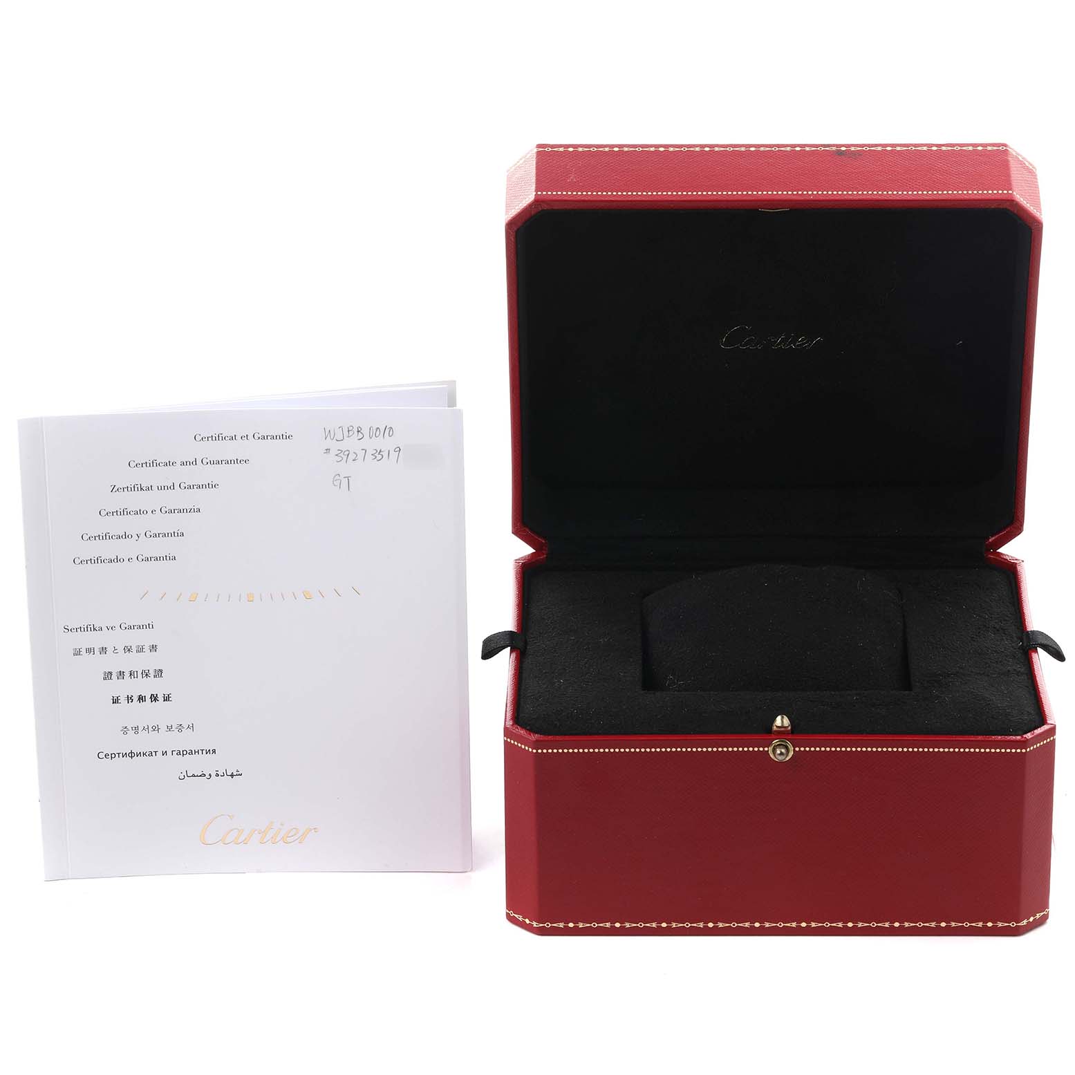 The image shows a Cartier Ballon Bleu WJBB0010 Women's Rose Gold Silver Dial WJBB0010 Women's Rose Gold Silver Dial watch box and certificate from a front view, with the box open and documents visible.