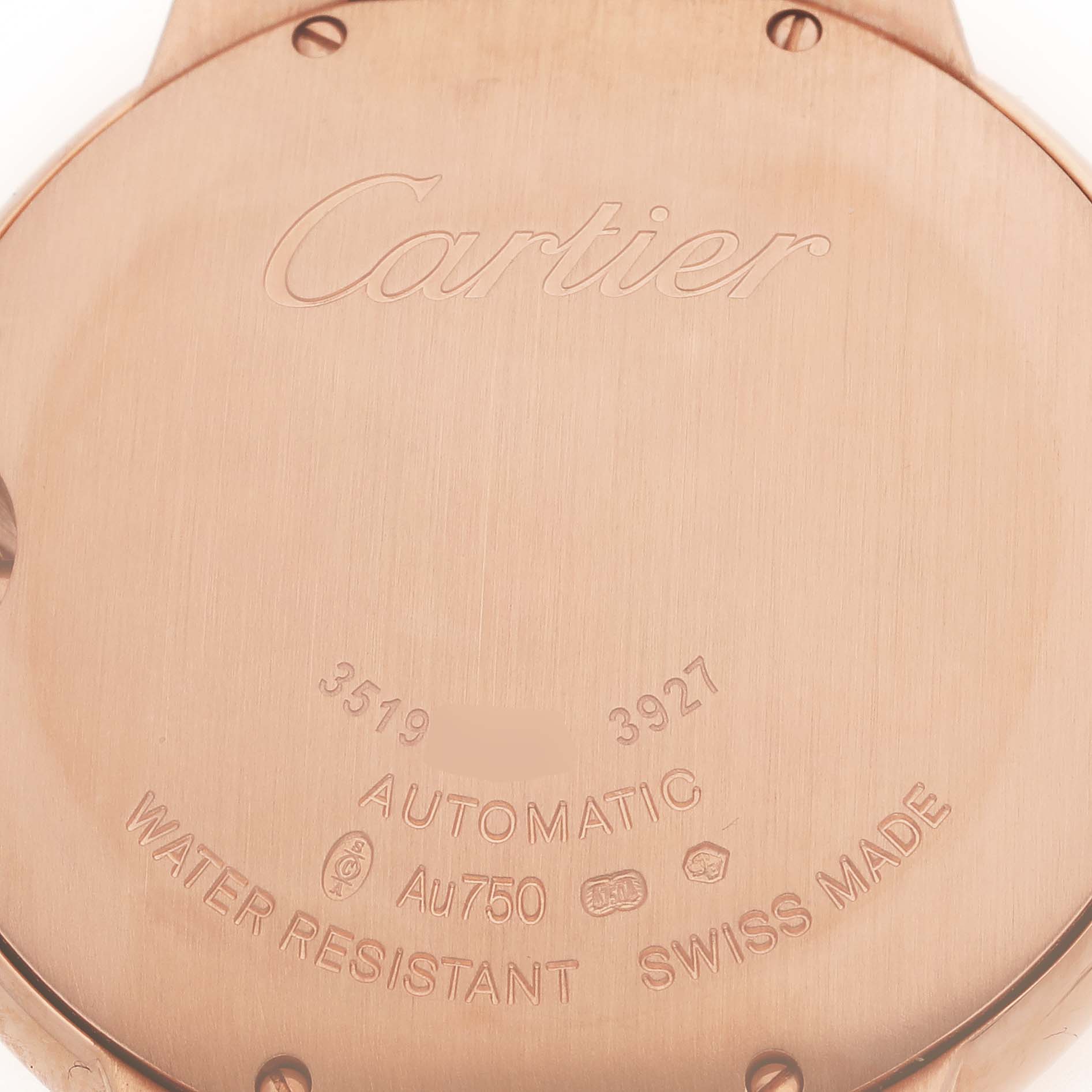 The image shows the back case of a Cartier Ballon Bleu WJBB0010 Women's Rose Gold Silver Dial WJBB0010 Women's Rose Gold Silver Dial watch, highlighting engravings and inscriptions.