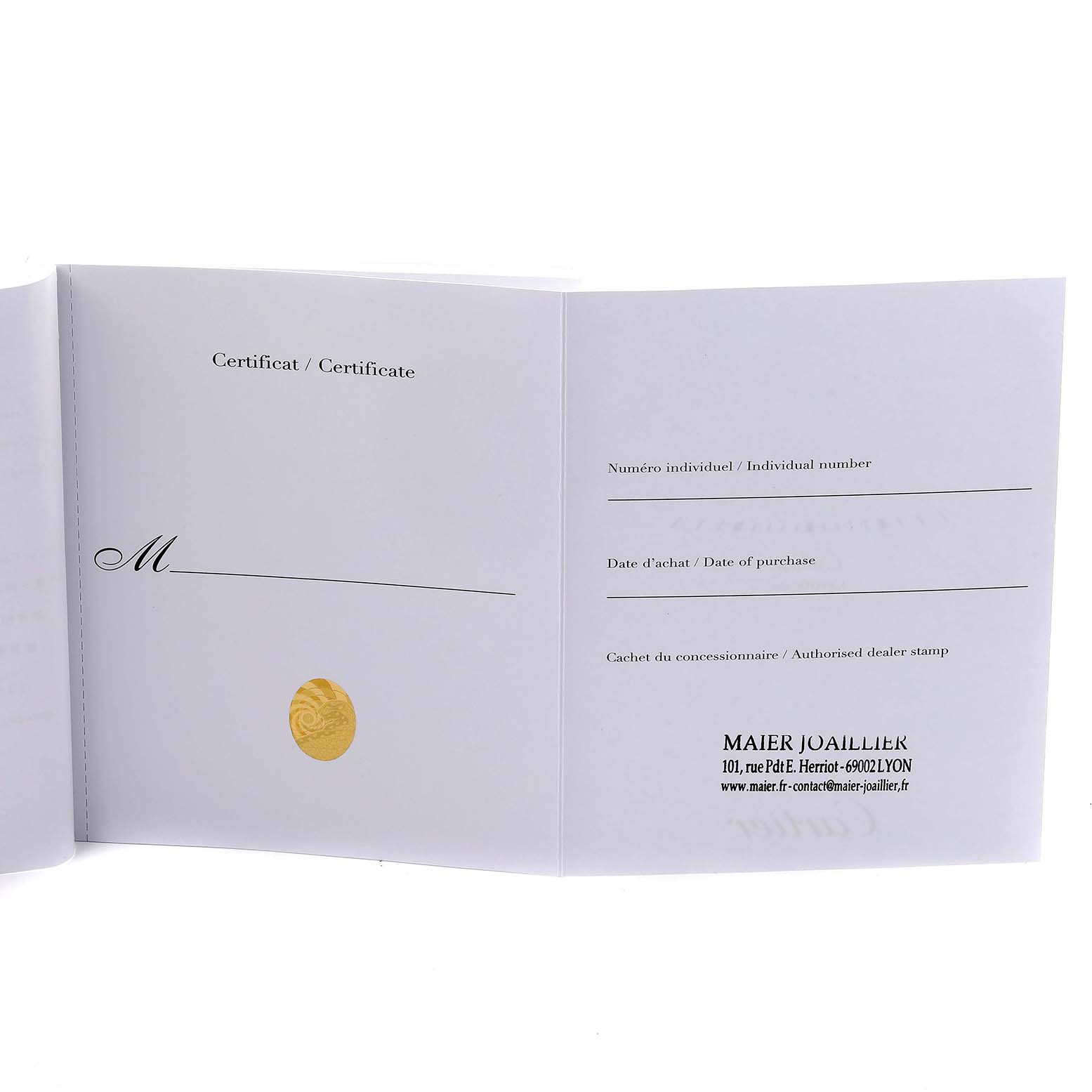 This image shows the certificate booklet for the Ballon Bleu model by Cartier, focusing on warranty details and dealer information.