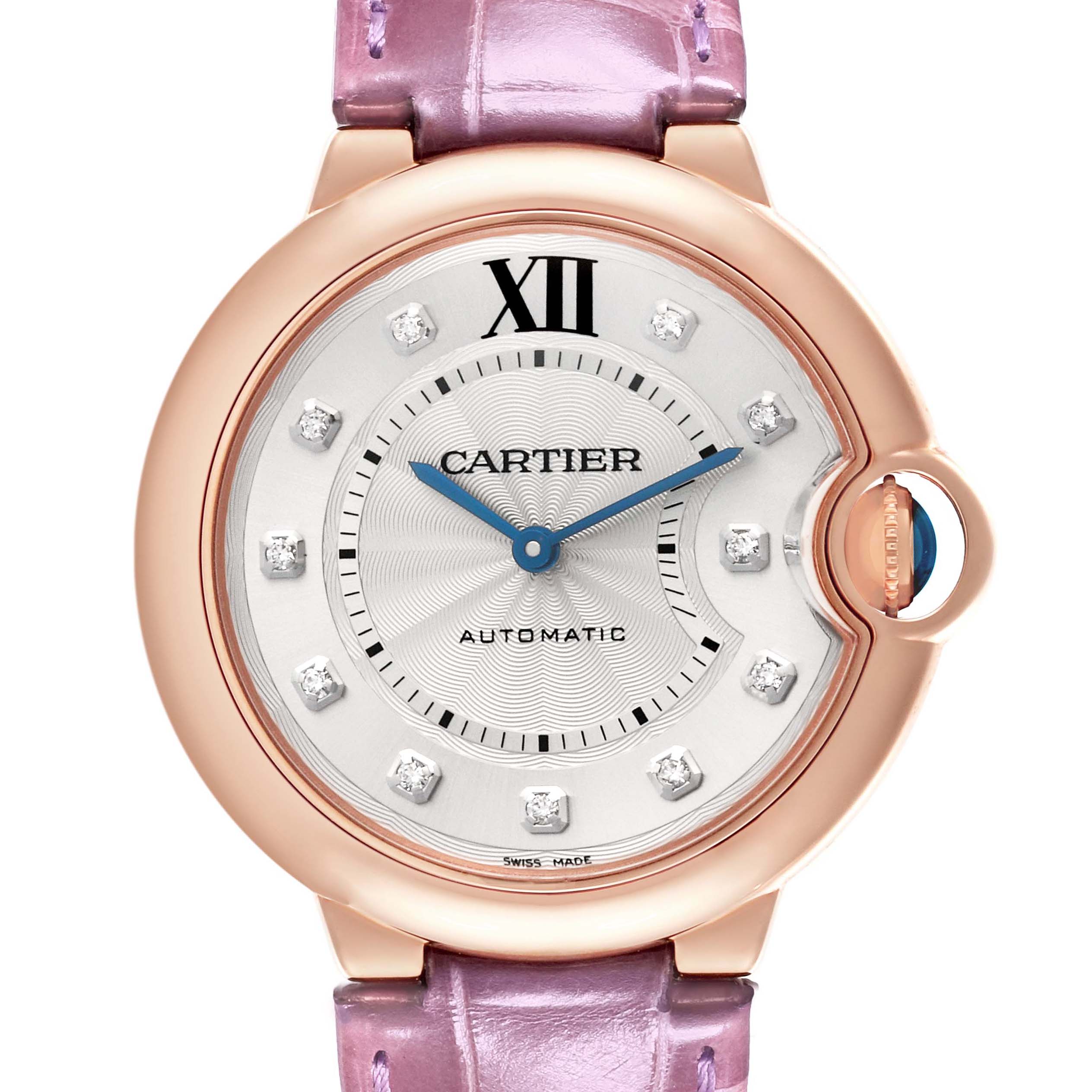 The Cartier Ballon Bleu WJBB0010 Women's Rose Gold Silver Dial WJBB0010 Women's Rose Gold Silver Dial watch is shown from a front angle, highlighting its dial, case, and pink strap.