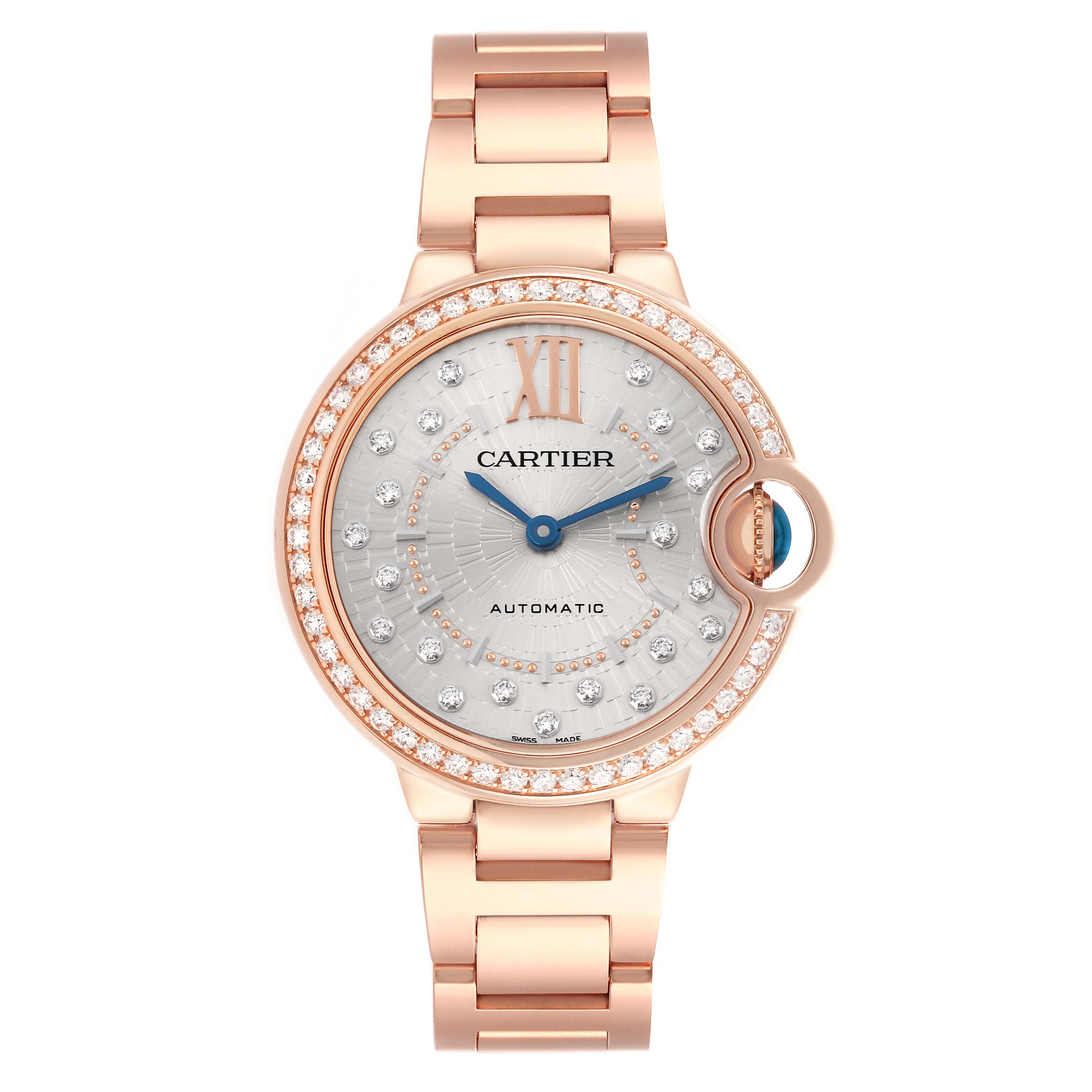 The Cartier Ballon Bleu WJBB0082 Women's Rose Gold Silver Dial WJBB0082 Women's Rose Gold Silver Dial watch is shown from the front, highlighting the dial, hands, and bracelet.