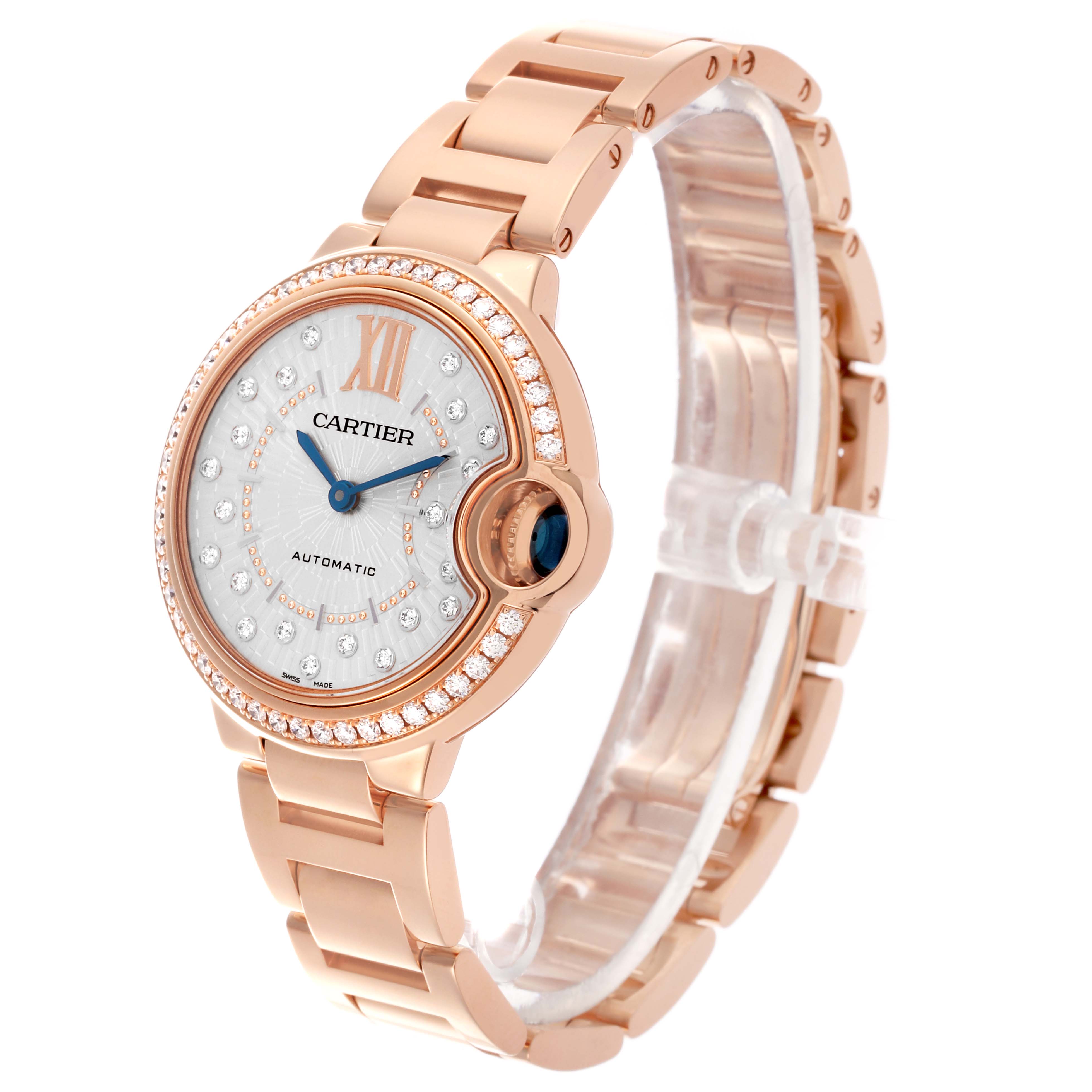 The Cartier Ballon Bleu WJBB0082 Women's Rose Gold Silver Dial WJBB0082 Women's Rose Gold Silver Dial watch is shown at a three-quarter angle, highlighting its face, bezel, and bracelet.
