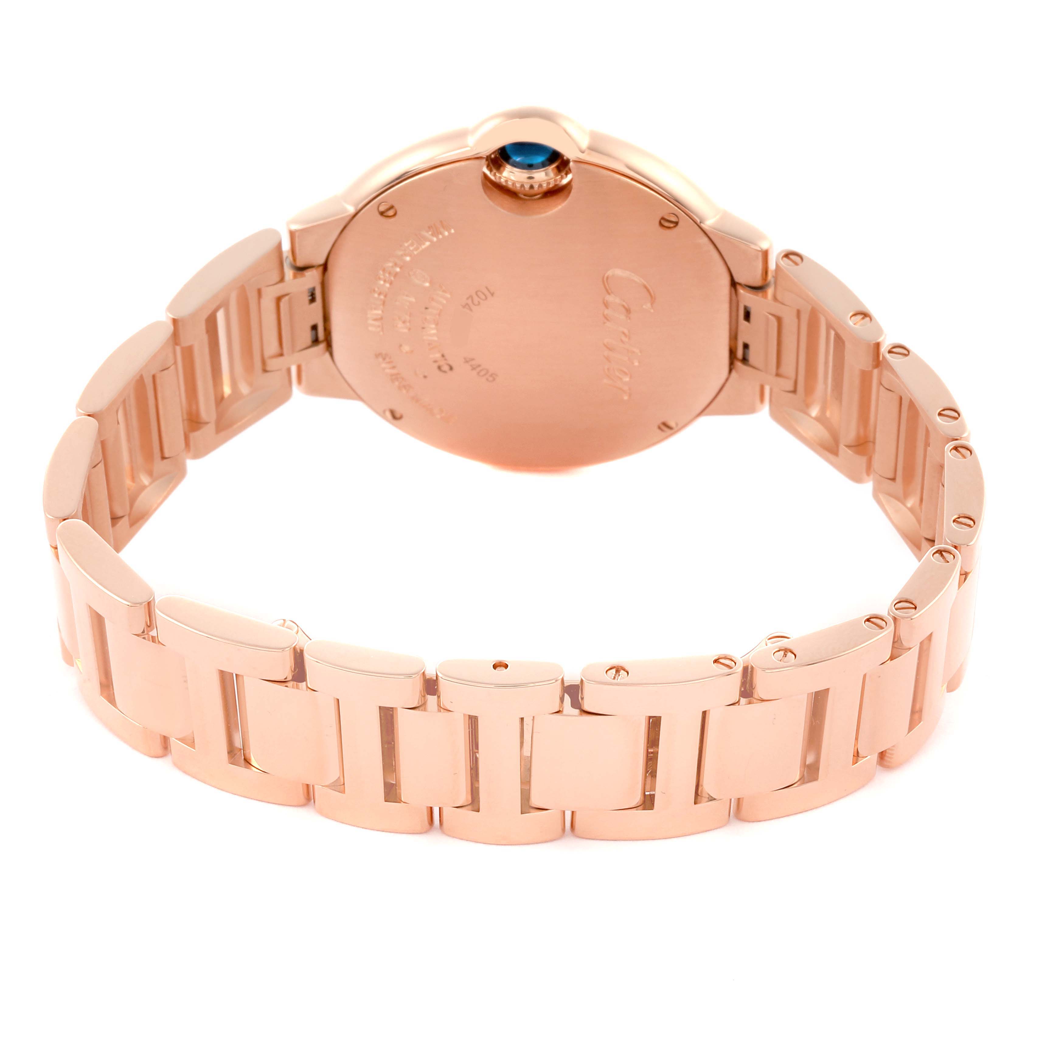 The image shows the back of the Cartier Ballon Bleu WJBB0082 Women's Rose Gold Silver Dial WJBB0082 Women's Rose Gold Silver Dial watch and part of the bracelet at a slight angle.
