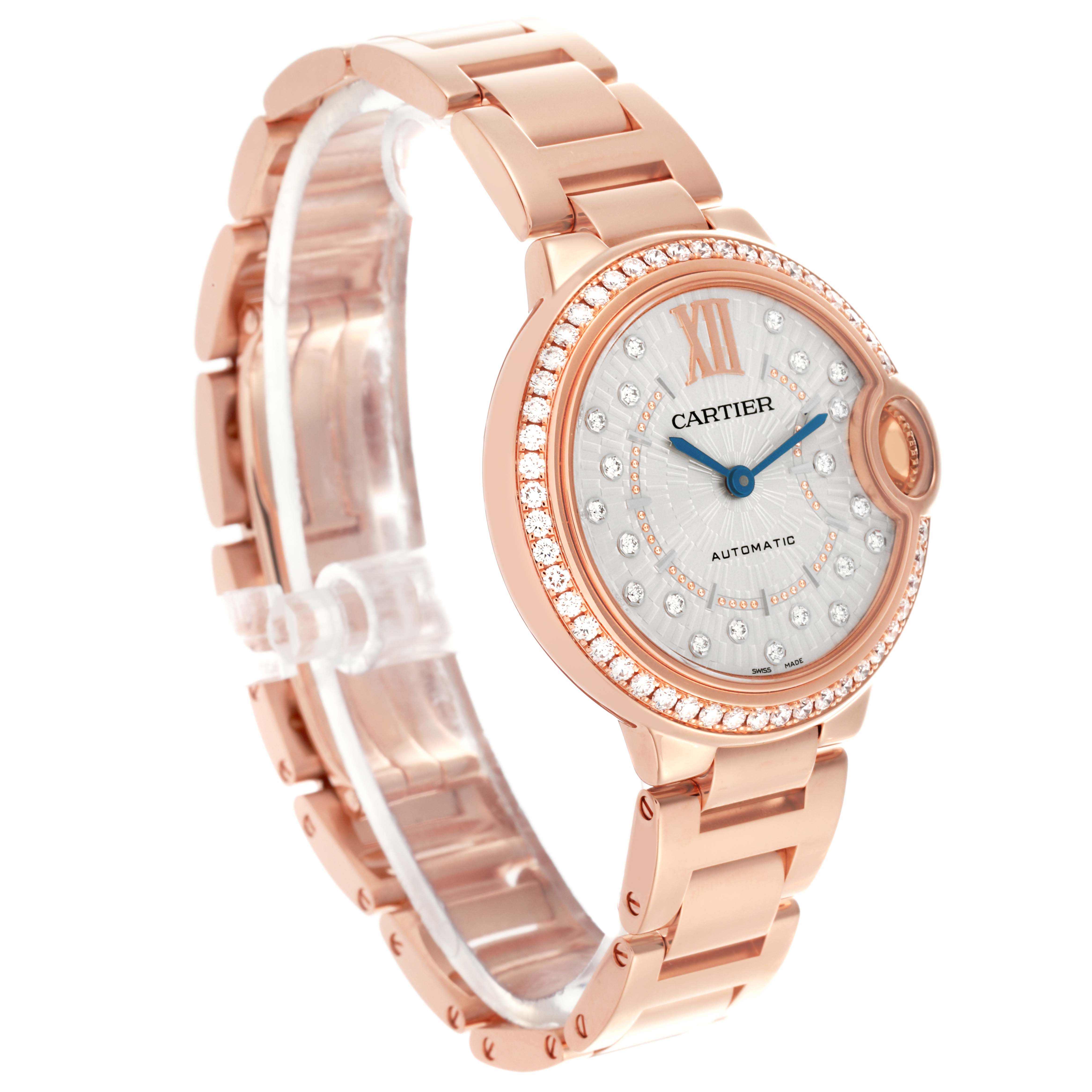 The Cartier Ballon Bleu WJBB0082 Women's Rose Gold Silver Dial WJBB0082 Women's Rose Gold Silver Dial watch is shown at a three-quarter angle, highlighting its round case, bracelet, and gem-set bezel.