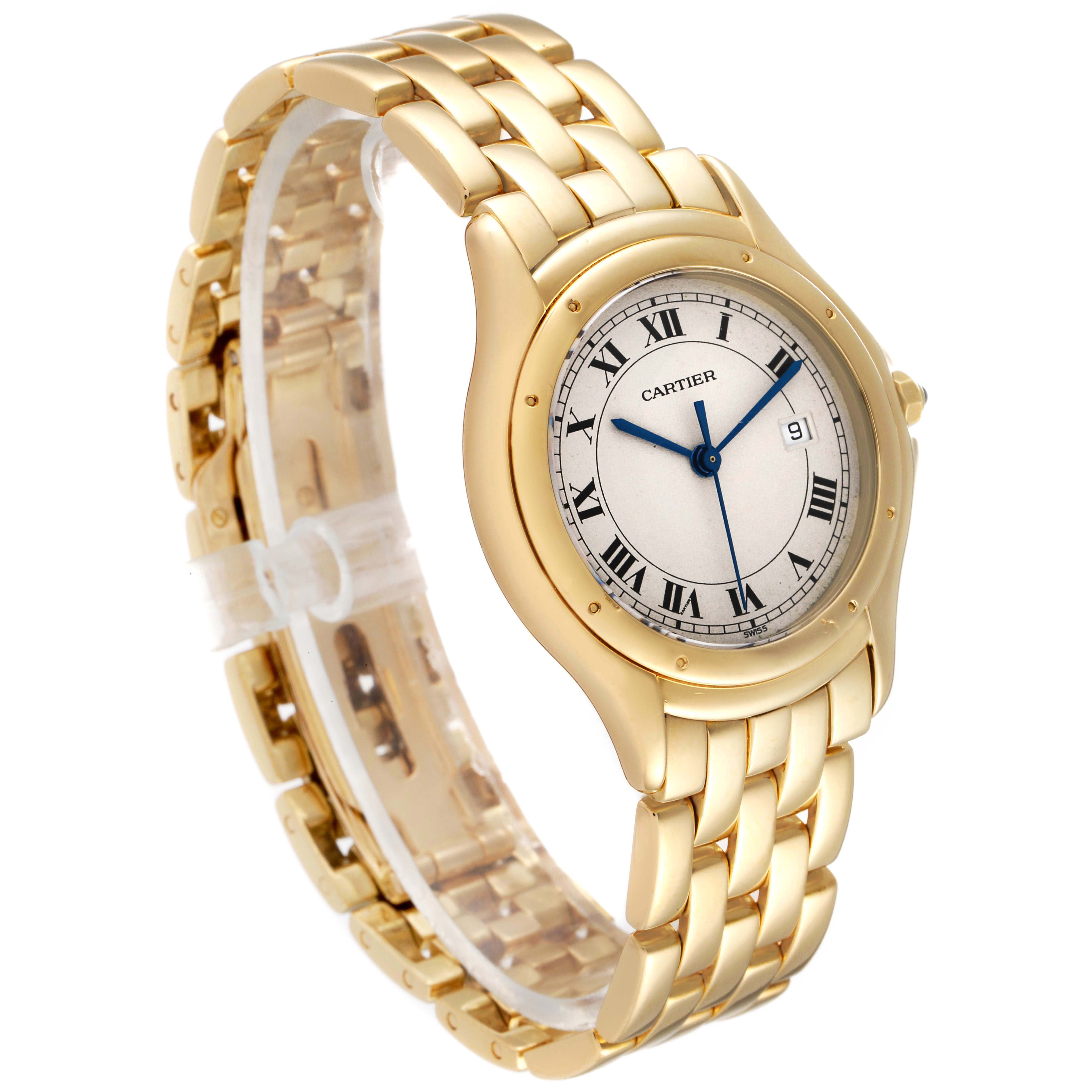 The image shows a front-left angled view of the Cartier Panthere 887904 Women's Yellow Gold Silver Dial 887904 Women's Yellow Gold Silver Dial watch, highlighting the face, bracelet, and case.