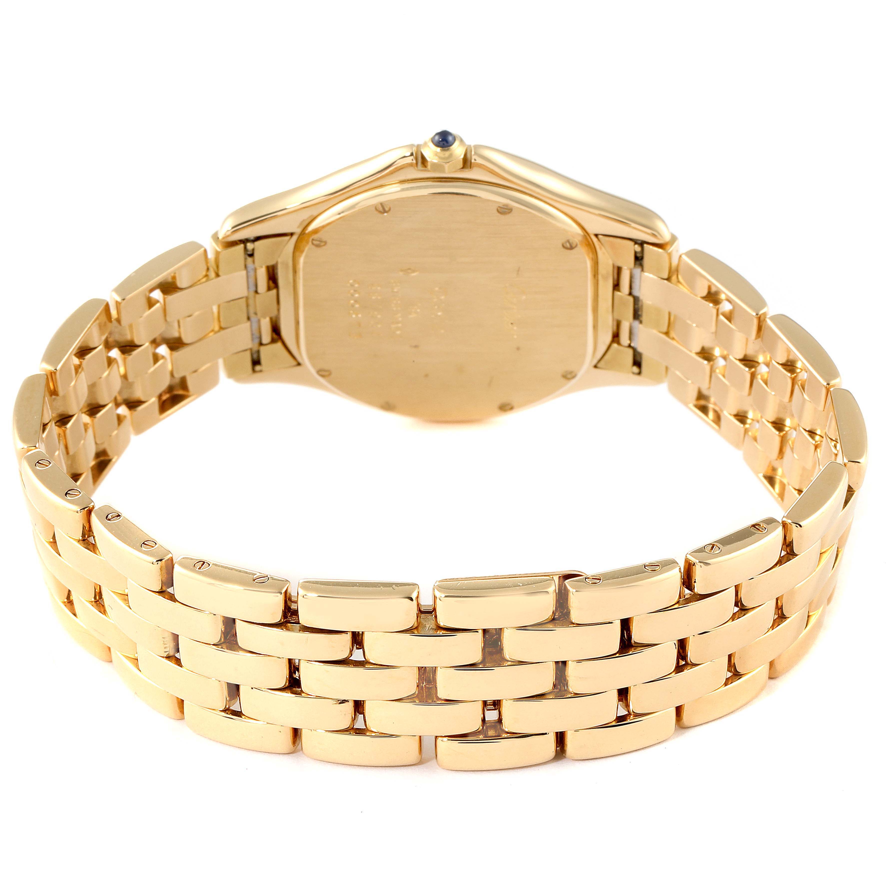 The image shows the back case and bracelet of a Cartier Panthere 887904 Women's Yellow Gold Silver Dial 887904 Women's Yellow Gold Silver Dial watch, taken from a rear angle.