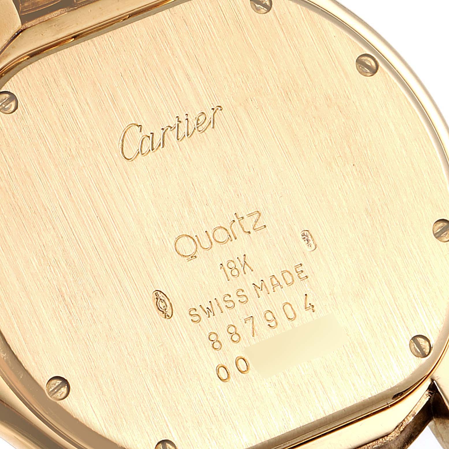 This image shows the back of the Cartier Panthere 887904 Women's Yellow Gold Silver Dial 887904 Women's Yellow Gold Silver Dial watch, highlighting the engravings and screws.