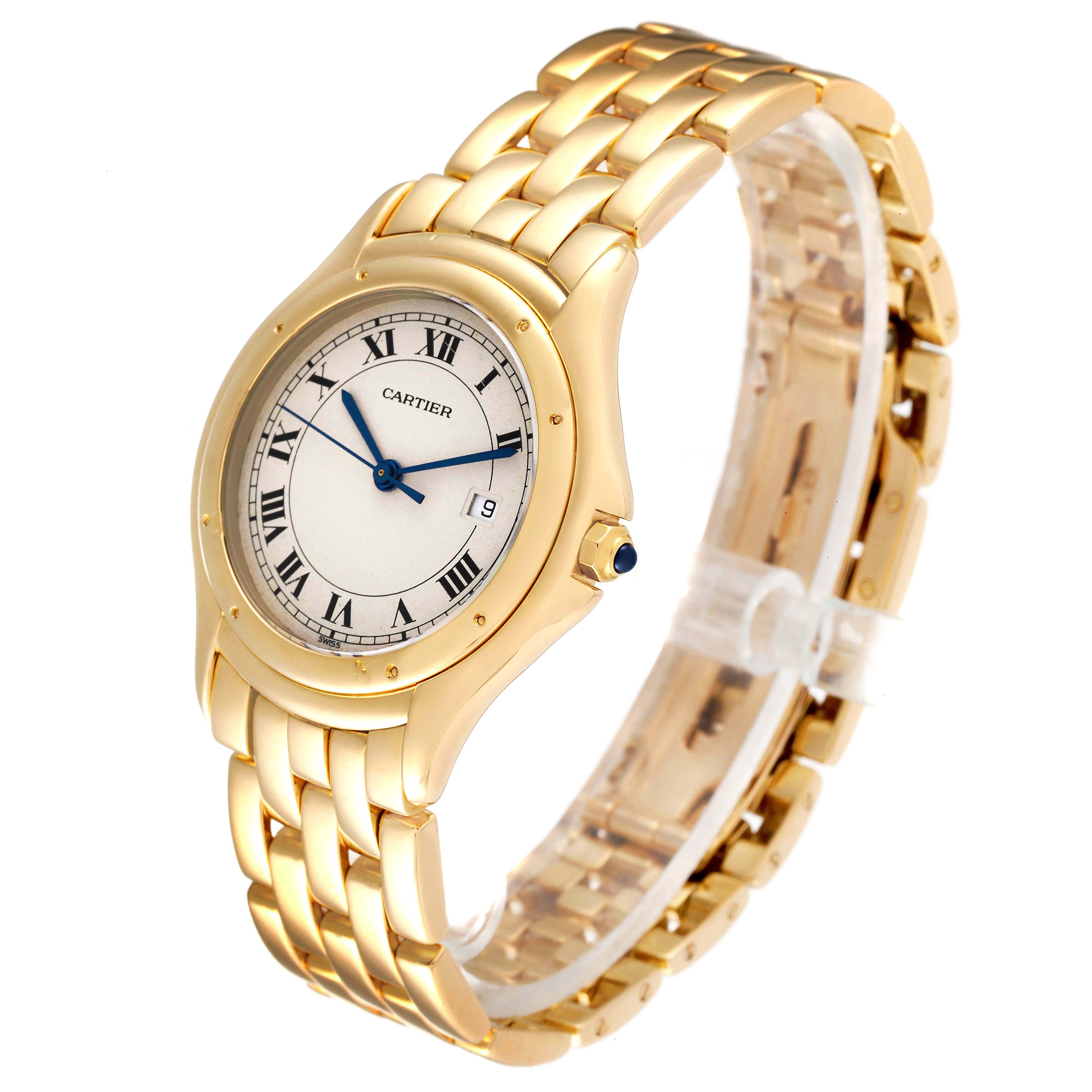 The image shows a Cartier Panthere 887904 Women's Yellow Gold Silver Dial 887904 Women's Yellow Gold Silver Dial watch at a three-quarter angle, highlighting its gold case, bracelet, and dial.