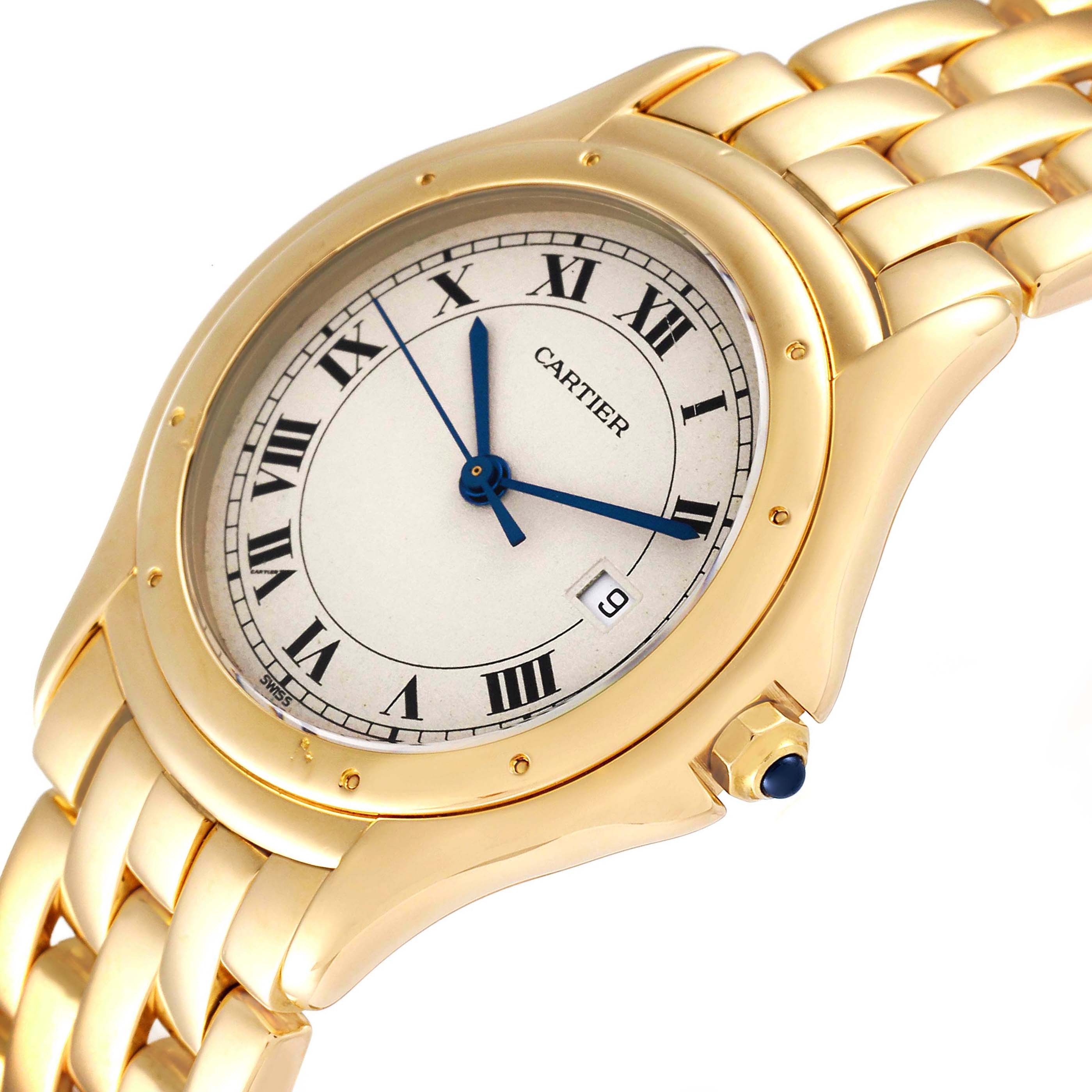 The image shows a close-up, angled view of the dial and upper bracelet of the Cartier Panthere 887904 Women's Yellow Gold Silver Dial 887904 Women's Yellow Gold Silver Dial watch.