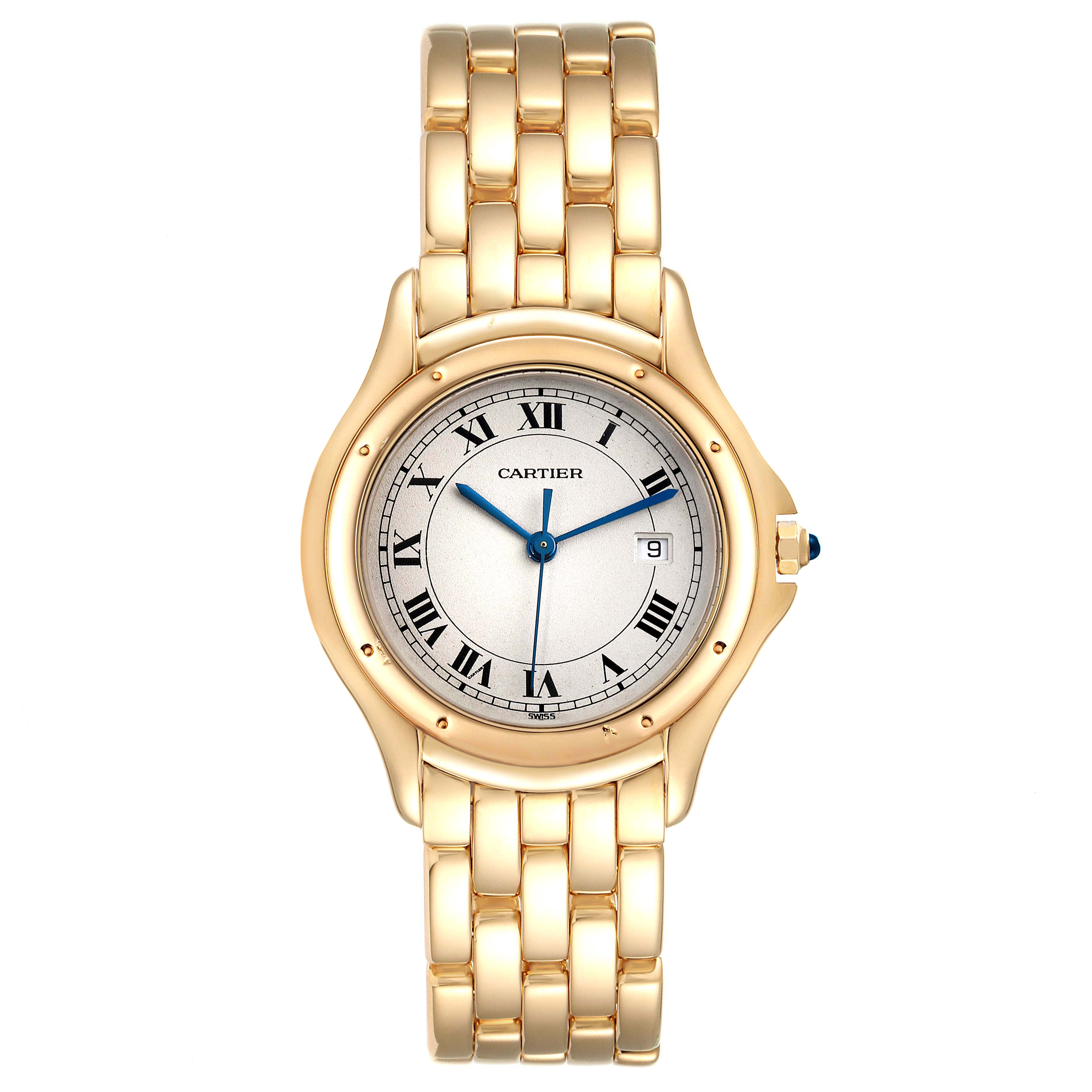 The image shows a front view of the Cartier Panthere 887904 Women's Yellow Gold Silver Dial 887904 Women's Yellow Gold Silver Dial watch, displaying its dial, bracelet, and crown.