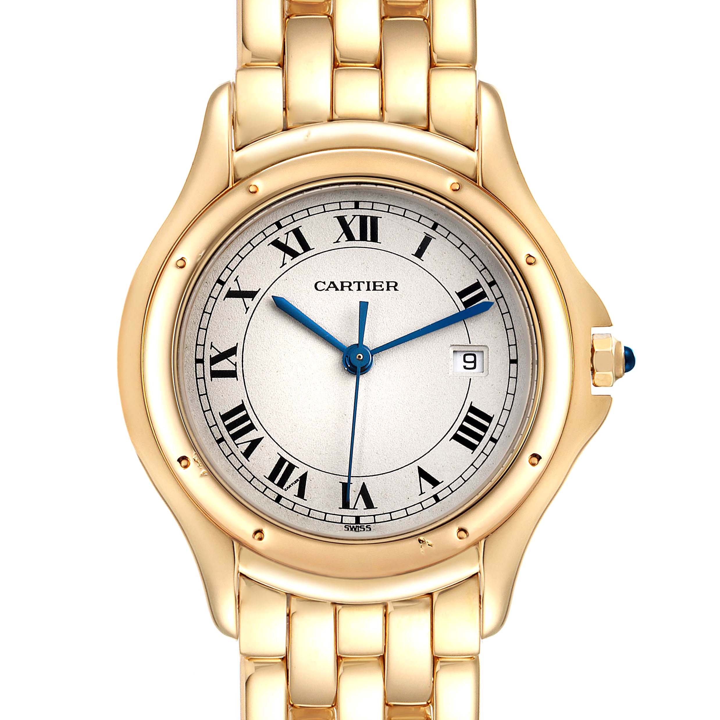 This image shows a front view of the Cartier Panthere 887904 Women's Yellow Gold Silver Dial 887904 Women's Yellow Gold Silver Dial model watch, highlighting its dial, case, and part of the bracelet.
