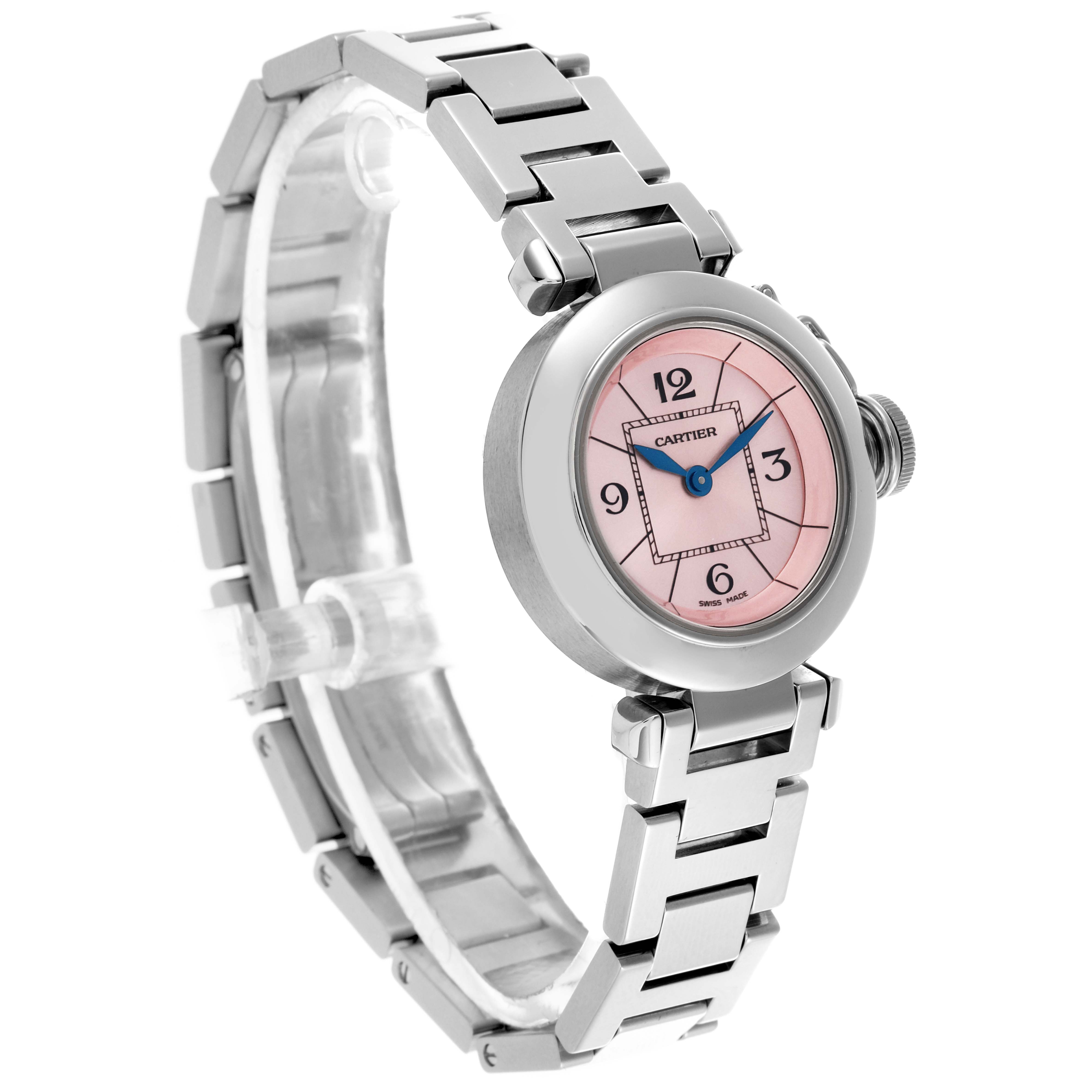 The Cartier Pasha W3140008 Women's Stainless Steel Pink Dial W3140008 Women's Stainless Steel Pink Dial watch is shown at a side angle, highlighting the face, bracelet, and crown.