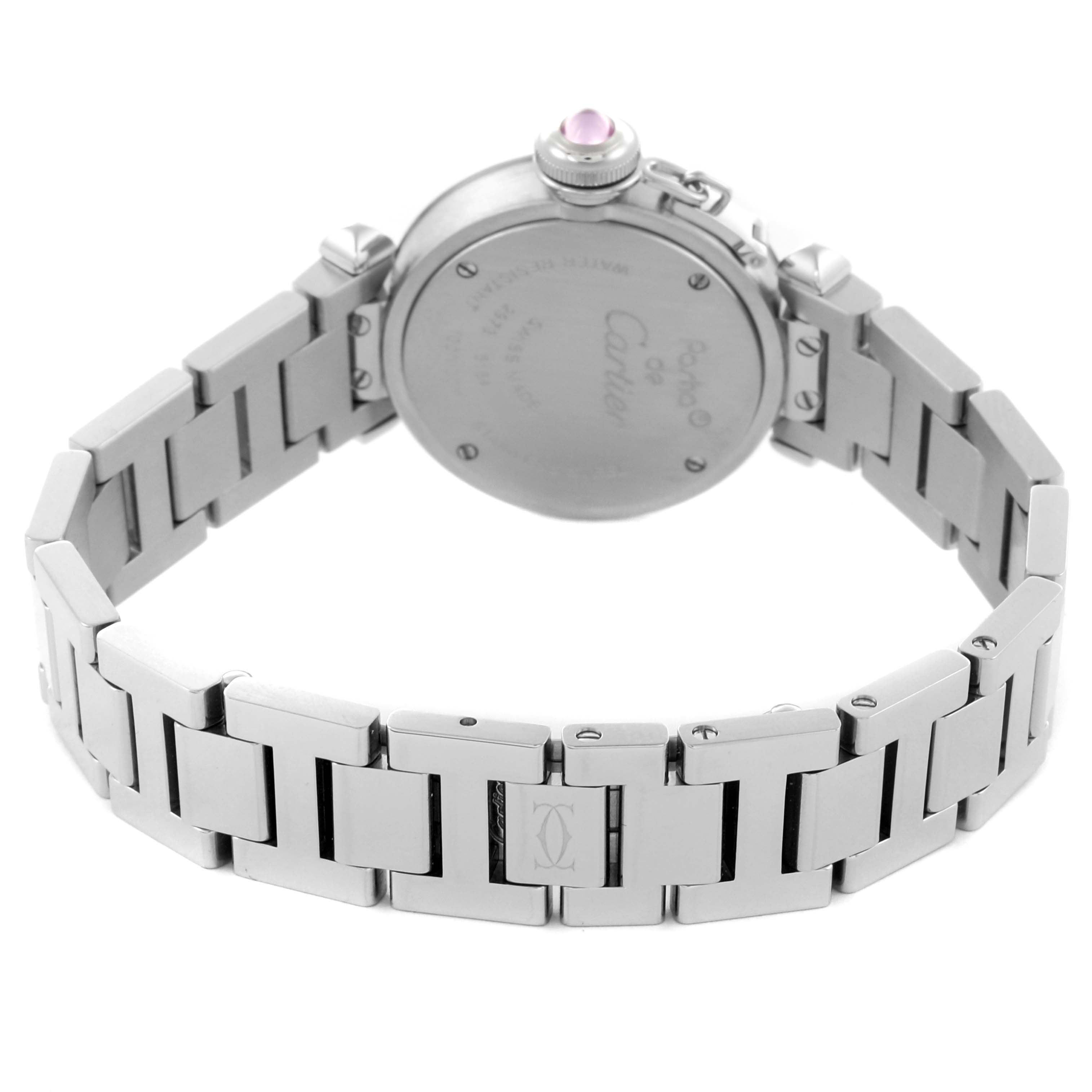 The image shows the back of a Cartier Pasha W3140008 Women's Stainless Steel Pink Dial W3140008 Women's Stainless Steel Pink Dial watch, highlighting the stainless steel bracelet and the case back.