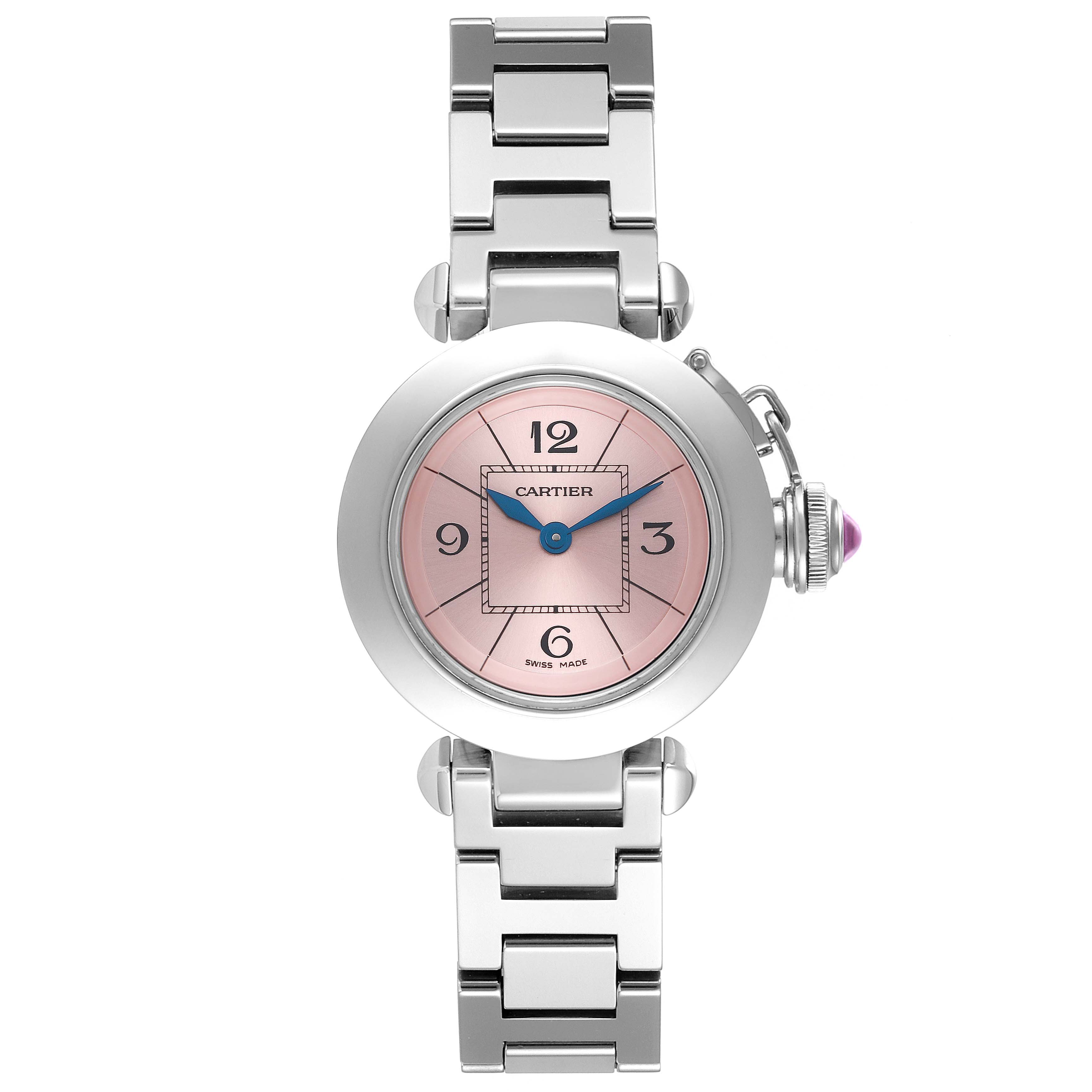 The Cartier Pasha W3140008 Women's Stainless Steel Pink Dial W3140008 Women's Stainless Steel Pink Dial watch is shown from a front view, highlighting its round face and metal bracelet.