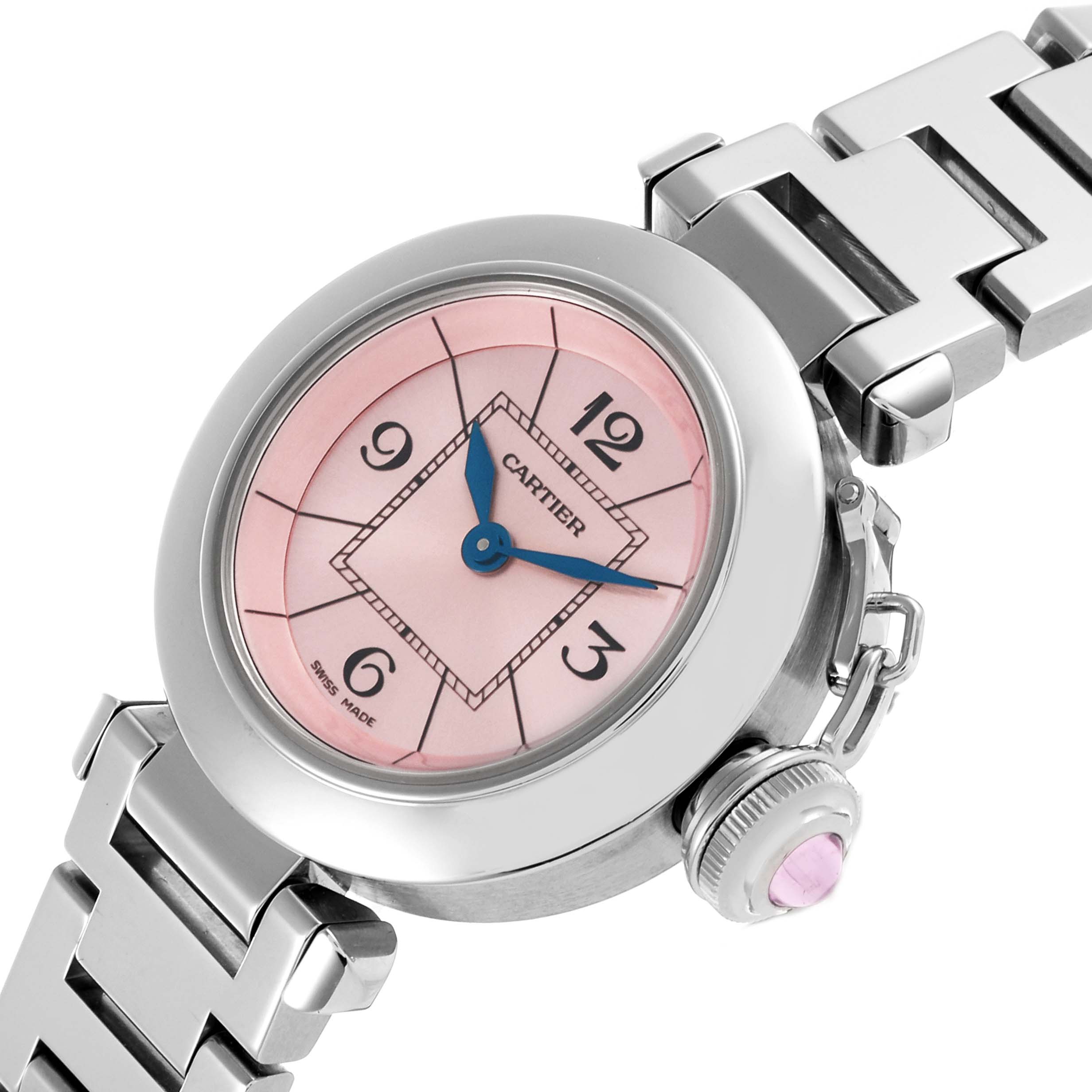 The Cartier Pasha W3140008 Women's Stainless Steel Pink Dial W3140008 Women's Stainless Steel Pink Dial watch is shown at a tilted angle, highlighting the pink dial, blue hands, crown, and metal bracelet.