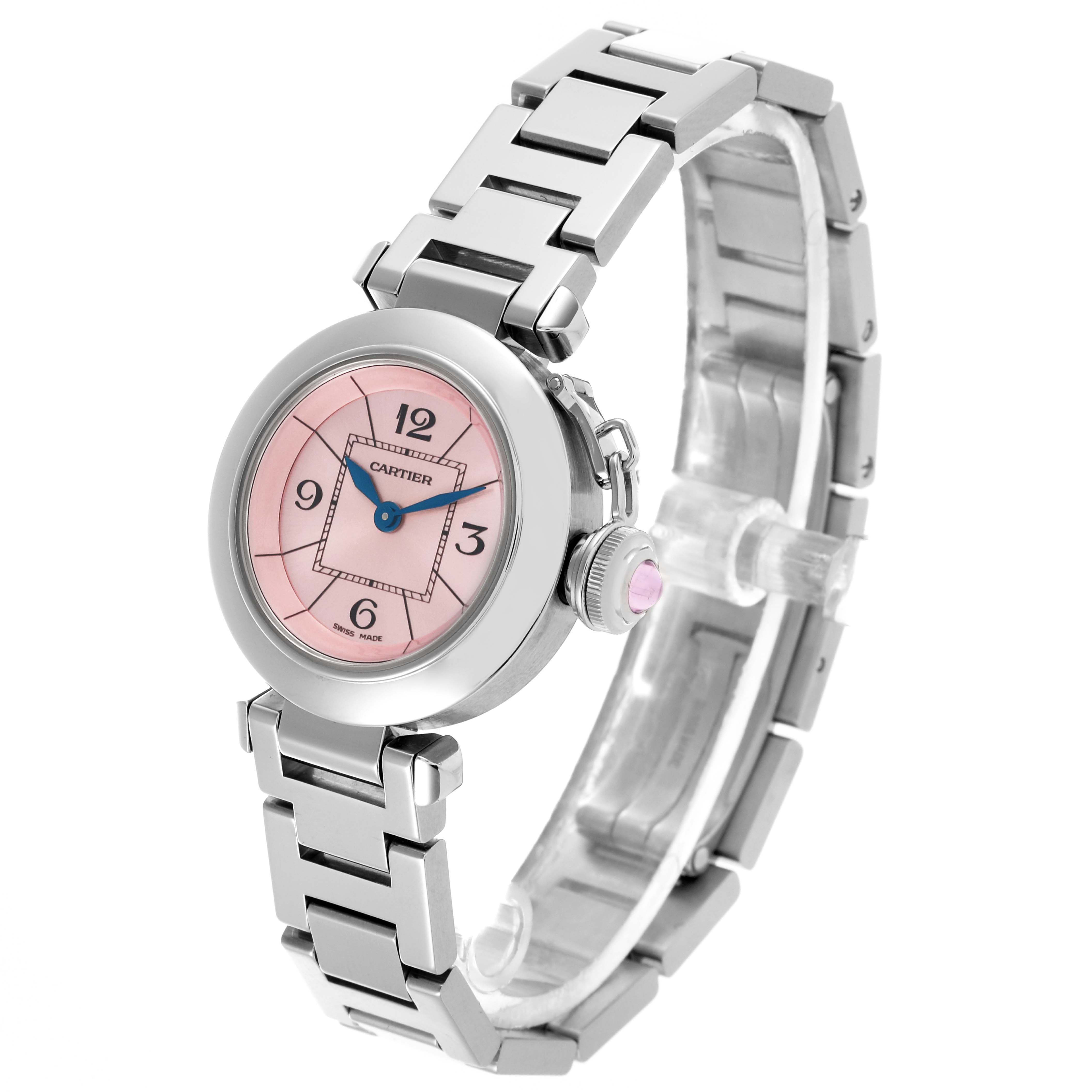 The Cartier Pasha W3140008 Women's Stainless Steel Pink Dial W3140008 Women's Stainless Steel Pink Dial watch is shown from a side angle, highlighting its pink dial, silver bracelet, and crown detail.