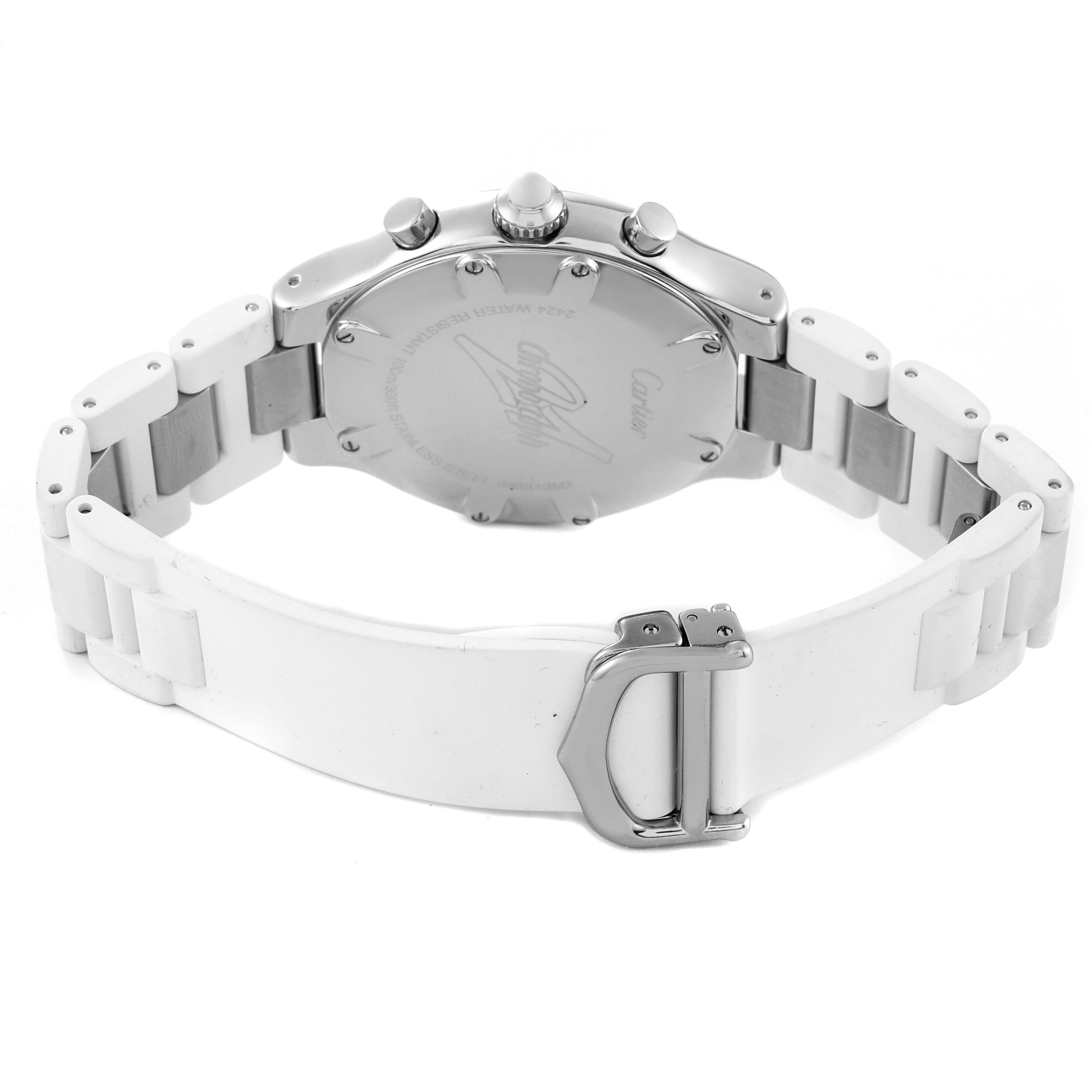 This image shows the back view of a Cartier Must 21 W10184U2 Women's Stainless Steel White Dial W10184U2 Women's Stainless Steel White Dial watch, highlighting the case back and white strap with clasp.