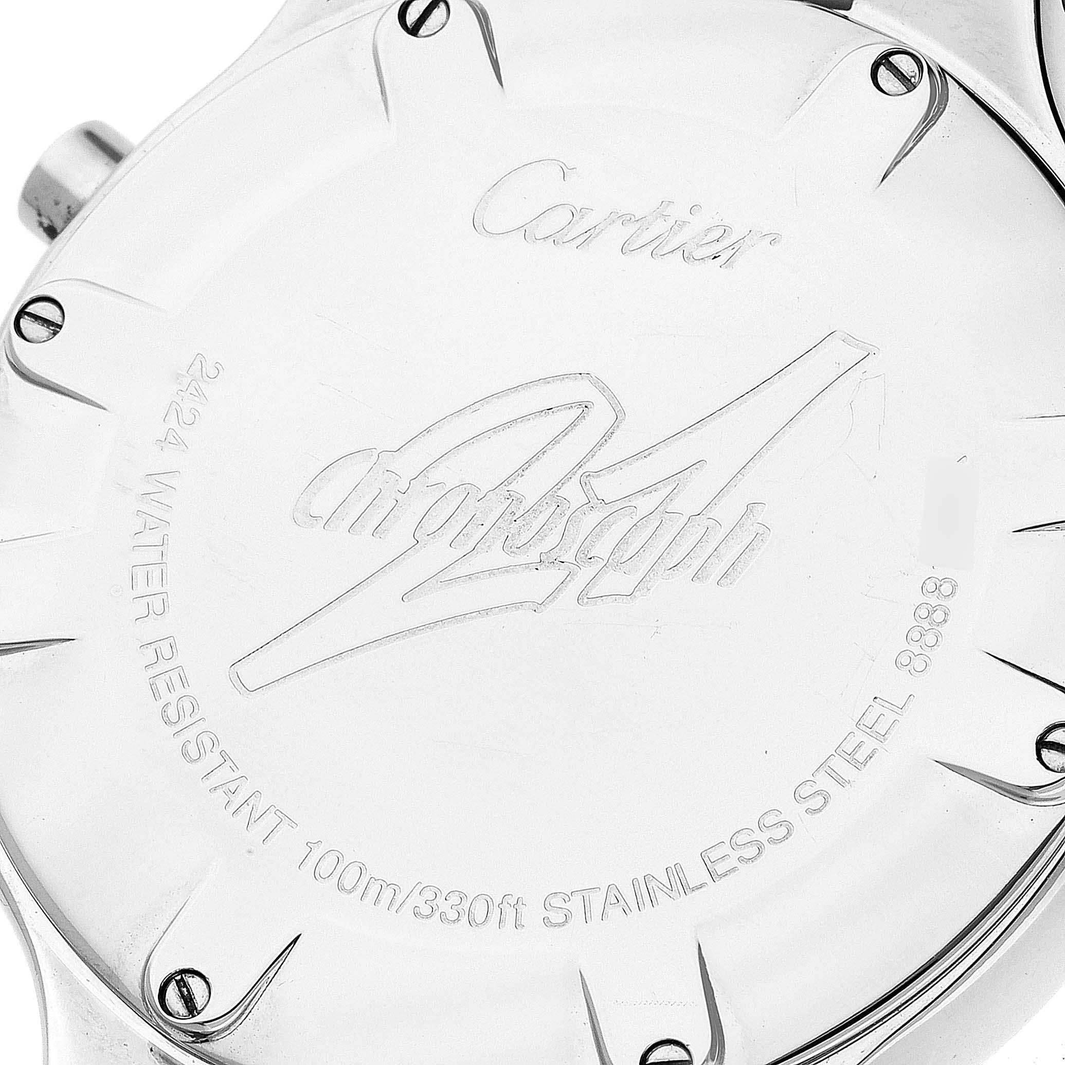 This is a close-up of the back case of a Cartier Must 21 W10184U2 Women's Stainless Steel White Dial W10184U2 Women's Stainless Steel White Dial watch, showing engraved details and inscriptions.