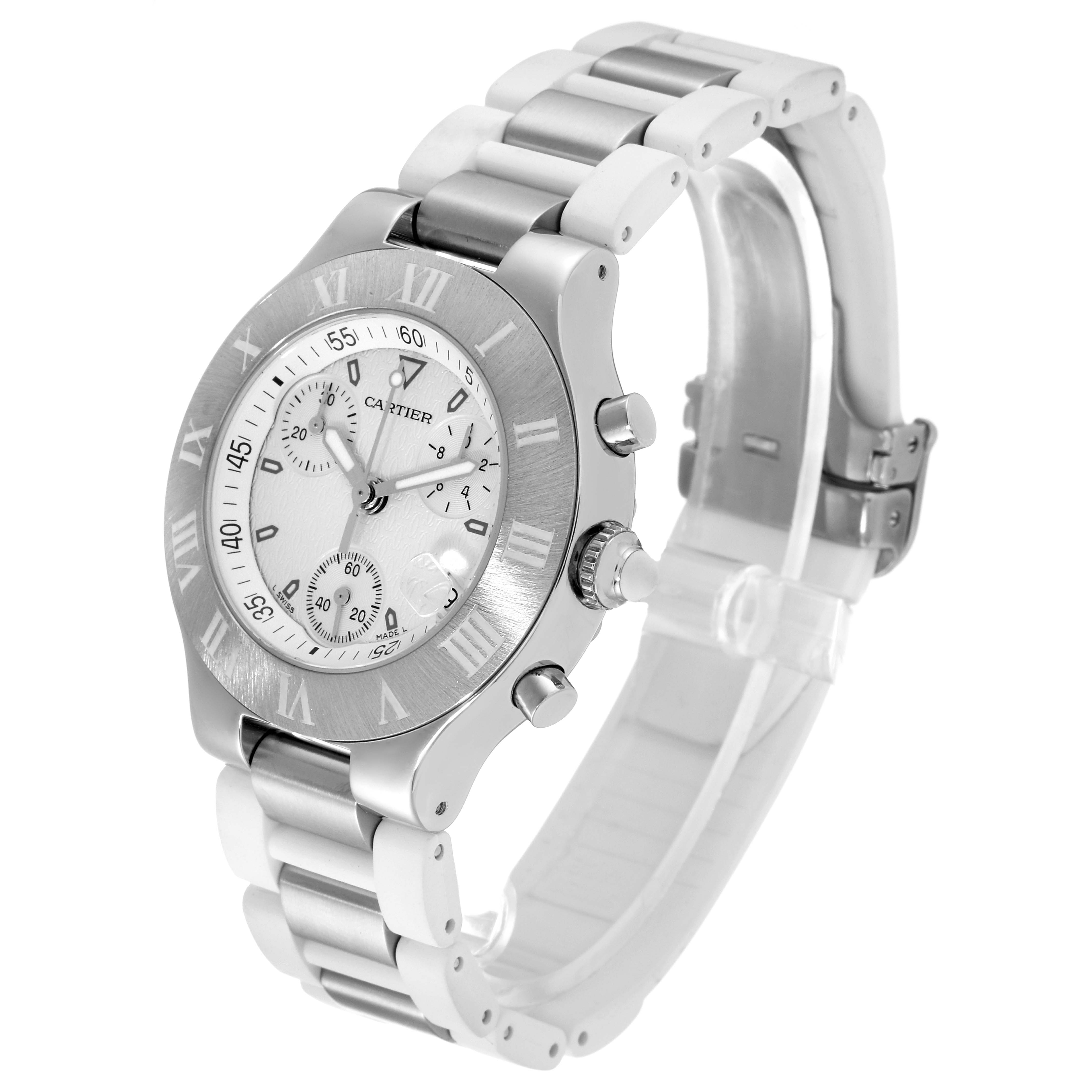 This Cartier Must 21 W10184U2 Women's Stainless Steel White Dial W10184U2 Women's Stainless Steel White Dial model watch is shown at a three-quarter angle, highlighting its dial, bezel, and stainless steel band.