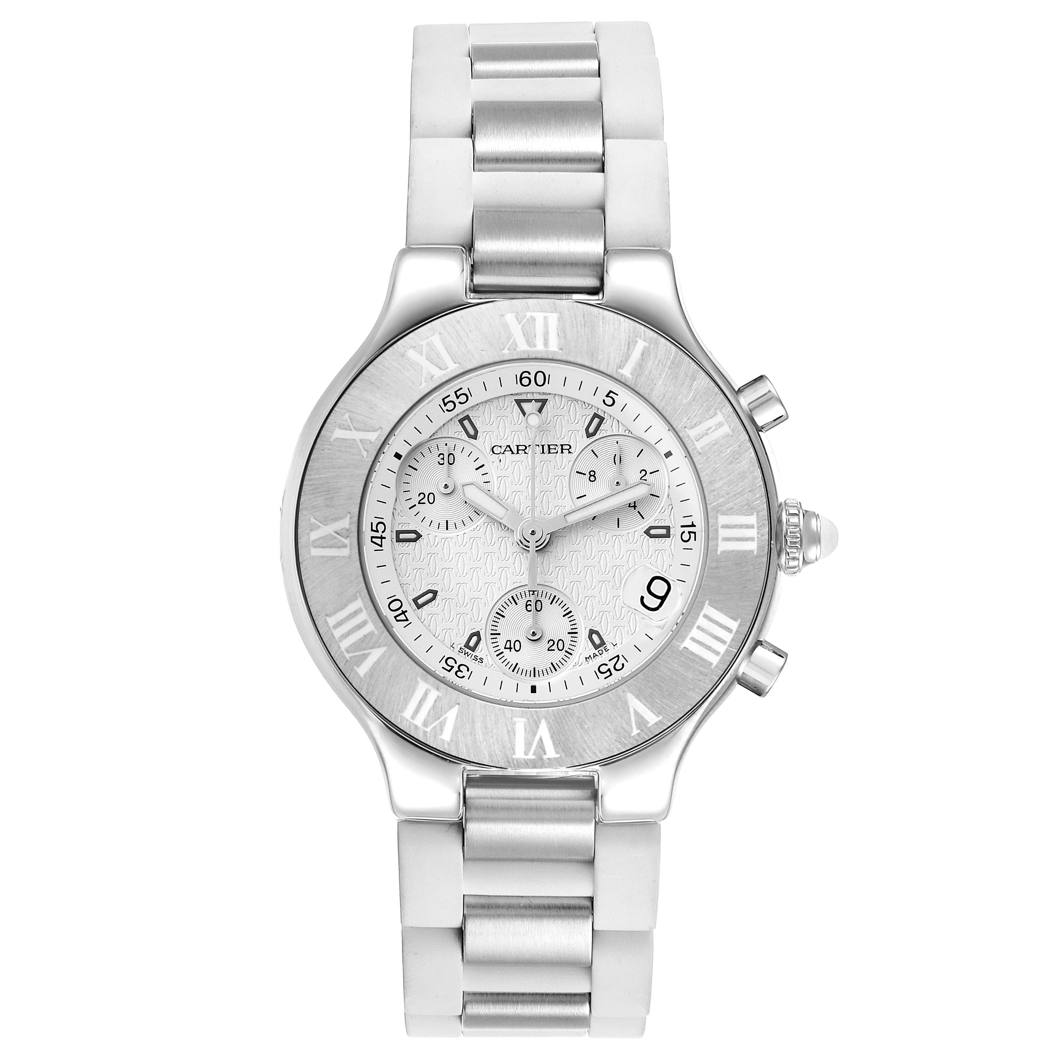 The image shows a front view of a Cartier Must 21 W10184U2 Women's Stainless Steel White Dial W10184U2 Women's Stainless Steel White Dial watch, displaying its face, bezel, and metal bracelet.