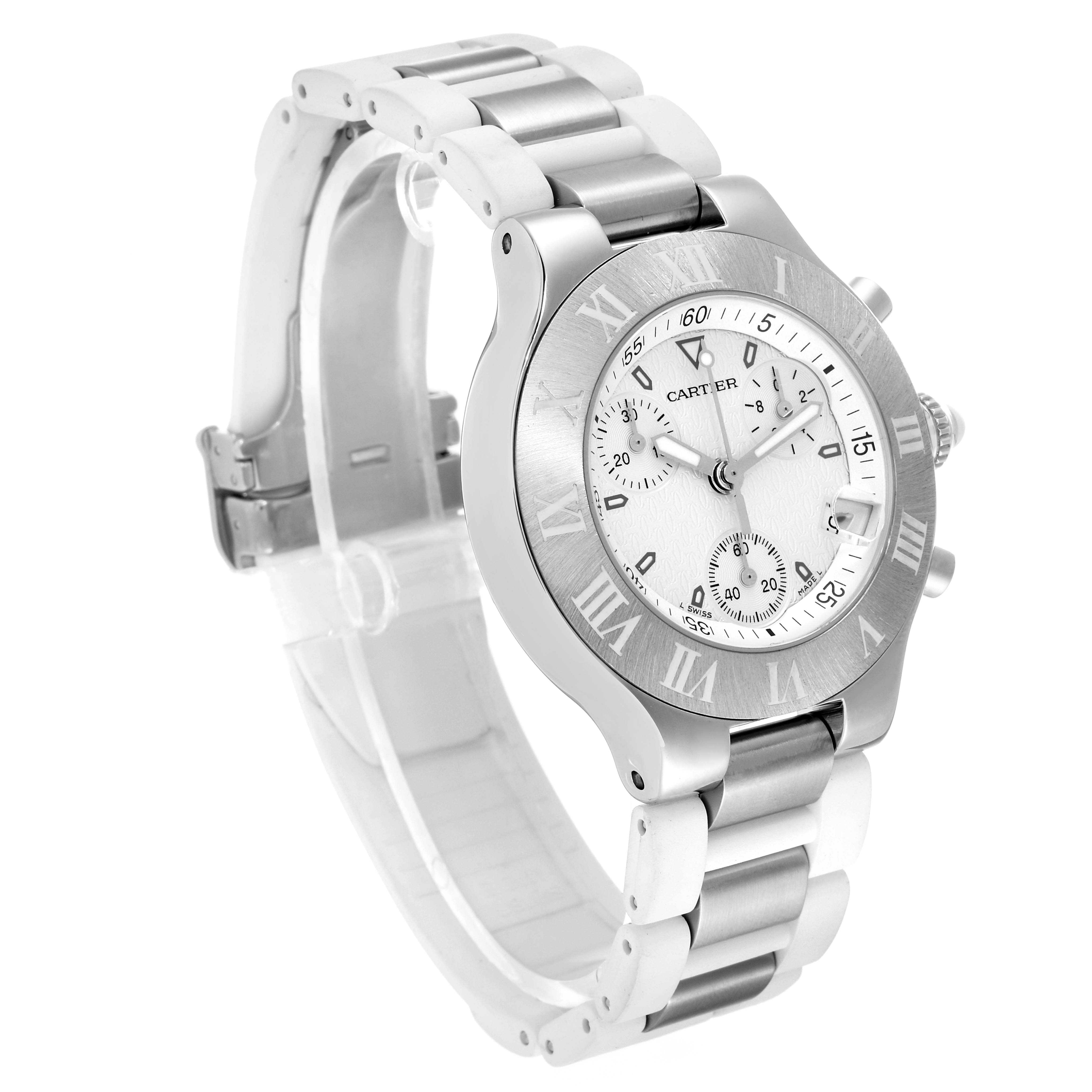 The Must 21 model by Cartier is shown at a 3/4 angle, highlighting the watch face, bezel, and stainless steel bracelet.