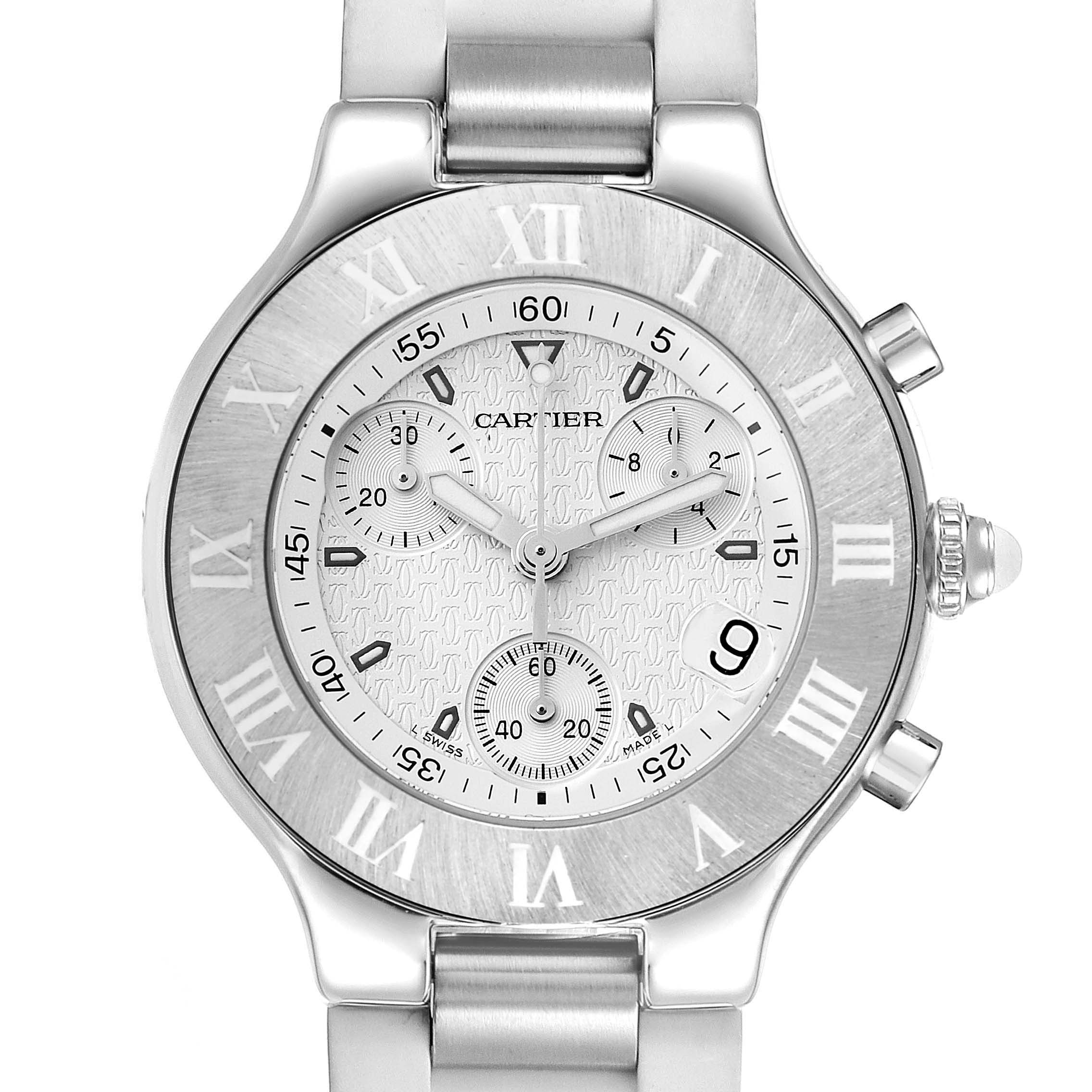 This image shows a front view of the Cartier Must 21 W10184U2 Women's Stainless Steel White Dial W10184U2 Women's Stainless Steel White Dial watch, highlighting its dial, sub-dials, Roman numeral markers, and metal bracelet.