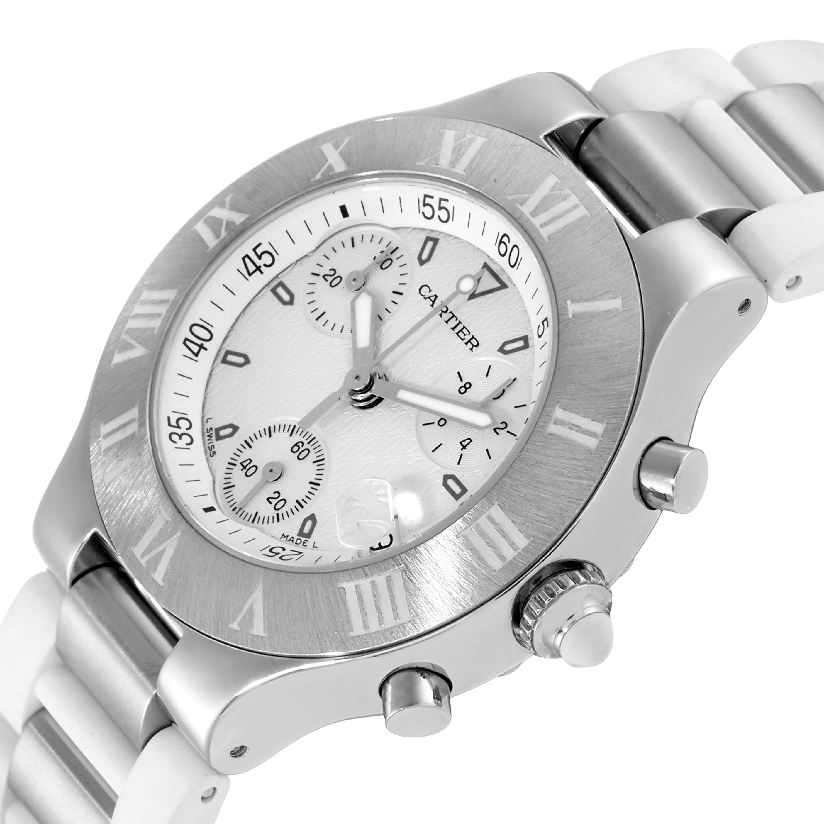 This is a close-up, angled view of the Cartier Must 21 W10184U2 Women's Stainless Steel White Dial W10184U2 Women's Stainless Steel White Dial model, showing the face, bezel, chronograph dials, and part of the bracelet.