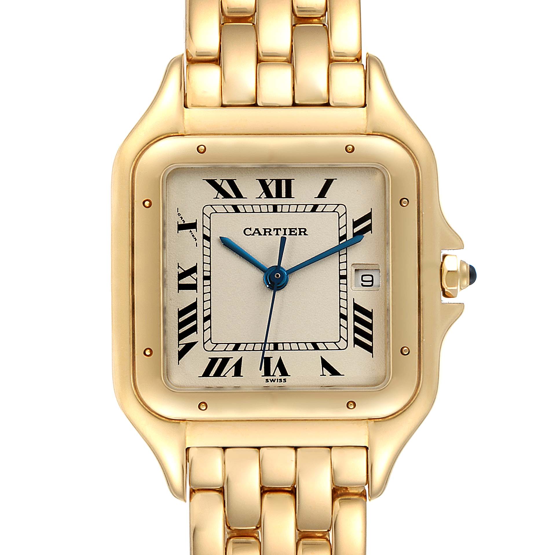 This image shows a frontal view of the Cartier Panthere W25014B9 Men's Yellow Gold Silver Dial W25014B9 Men's Yellow Gold Silver Dial watch, displaying its square face, blue hands, Roman numerals, and metal bracelet.