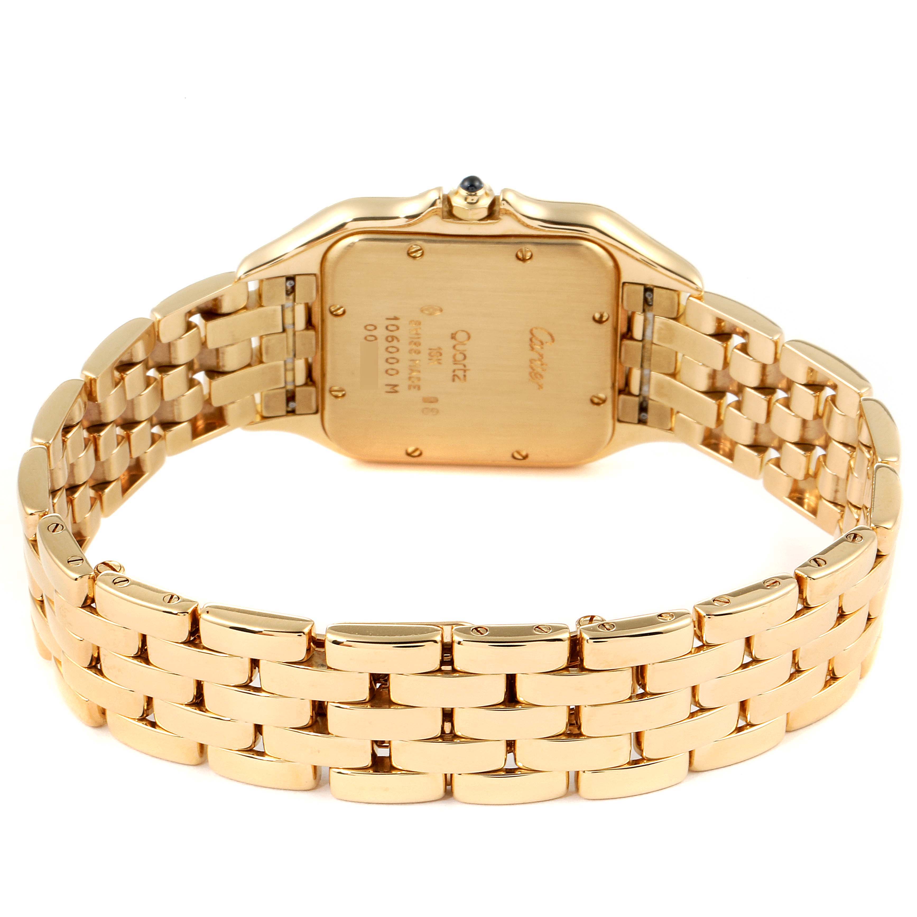 This image shows the case back and bracelet of the Cartier Panthère watch from a rear angle.