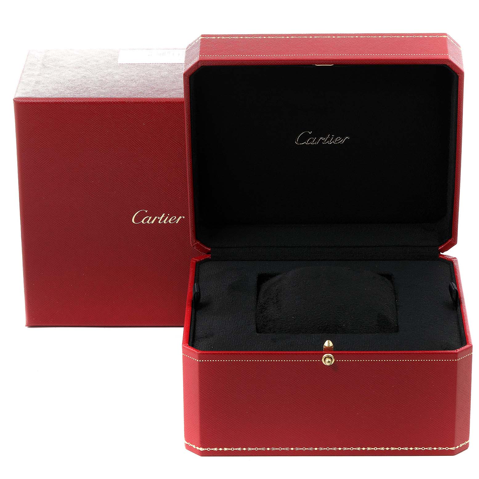 The image shows an open red Cartier box for the Panthere model watch, with a black interior and a matching outer box.